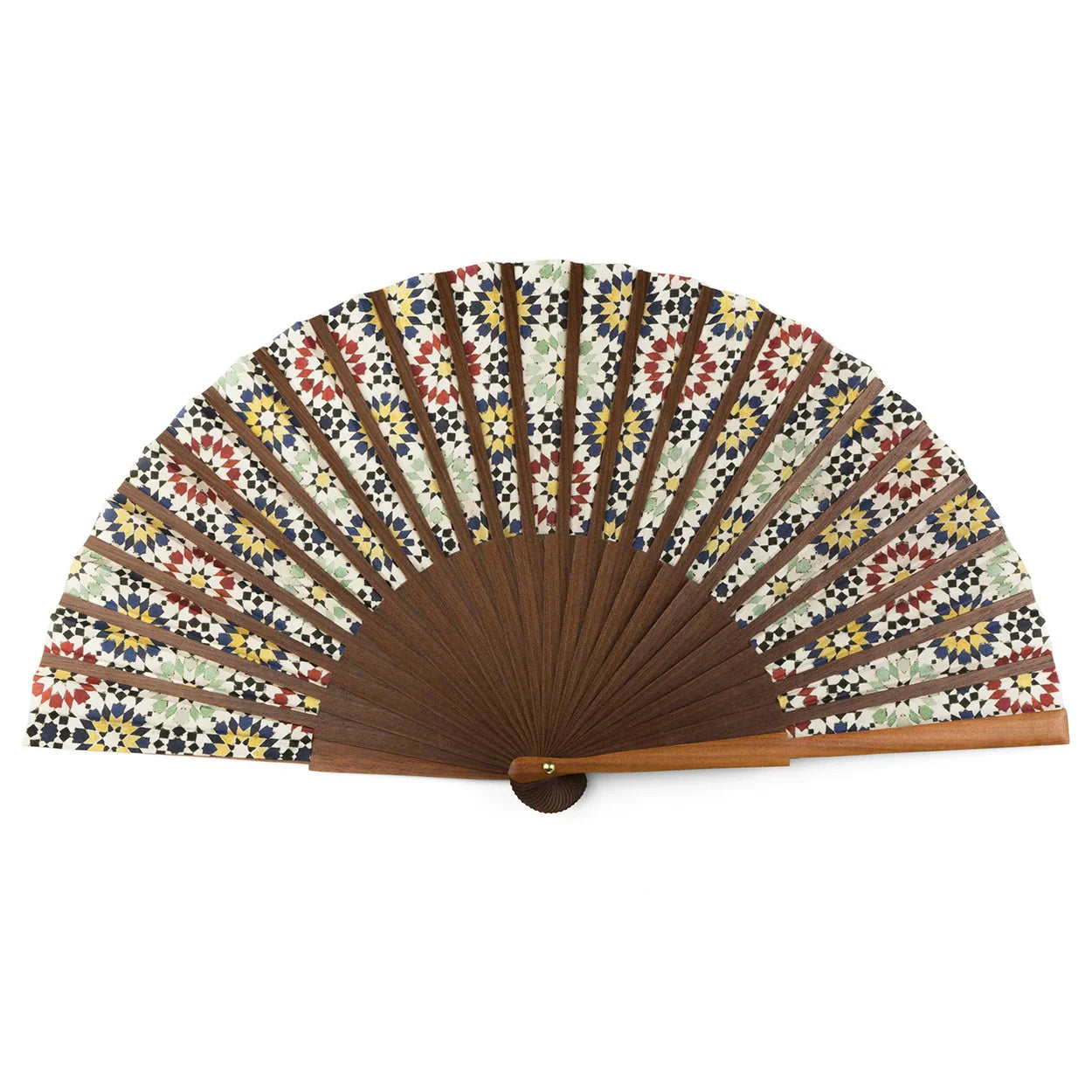 Moroccan tiles inspired Silk & Wood hand fan Fezi