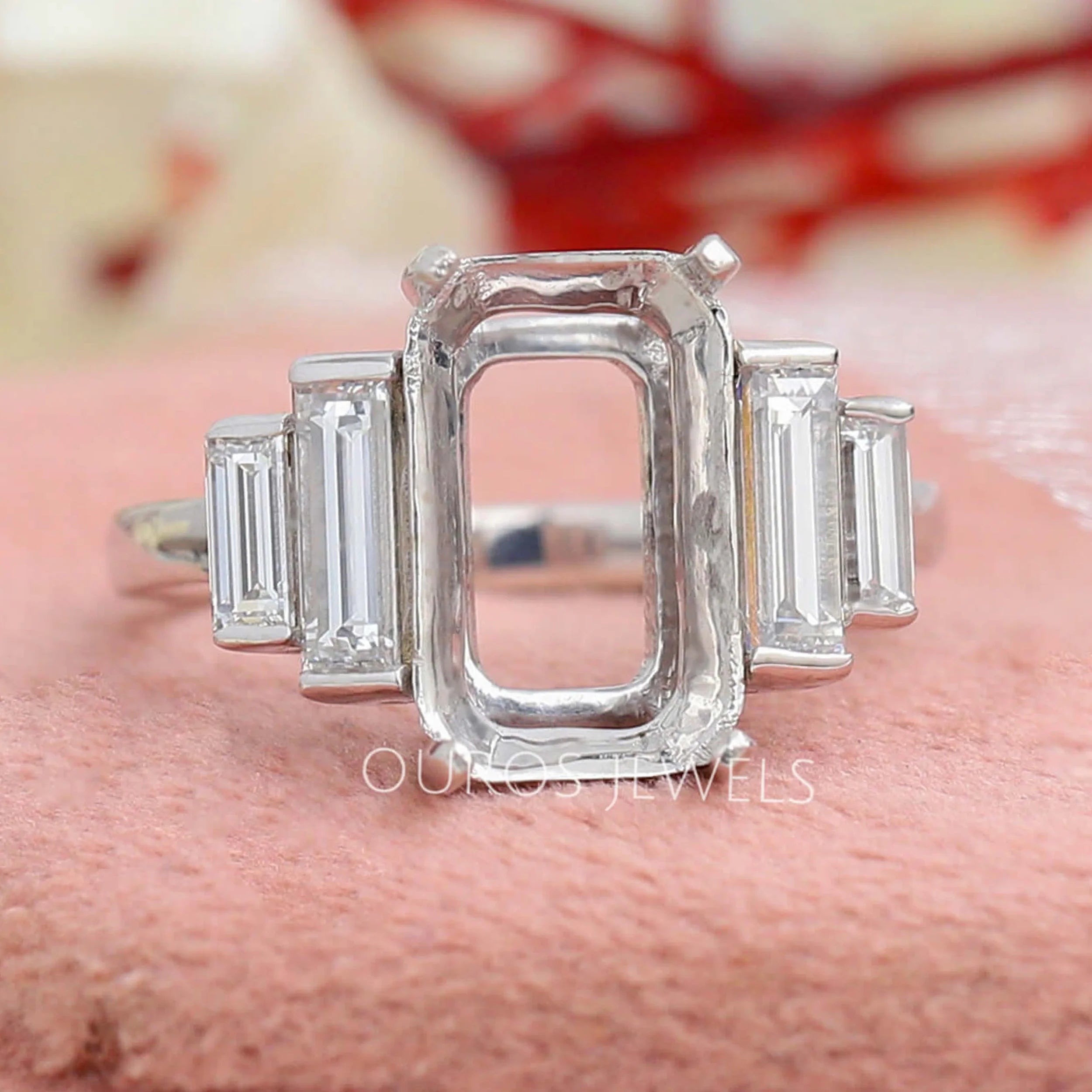 Five  Stone Emerald Cut Semi Mount Wedding Ring