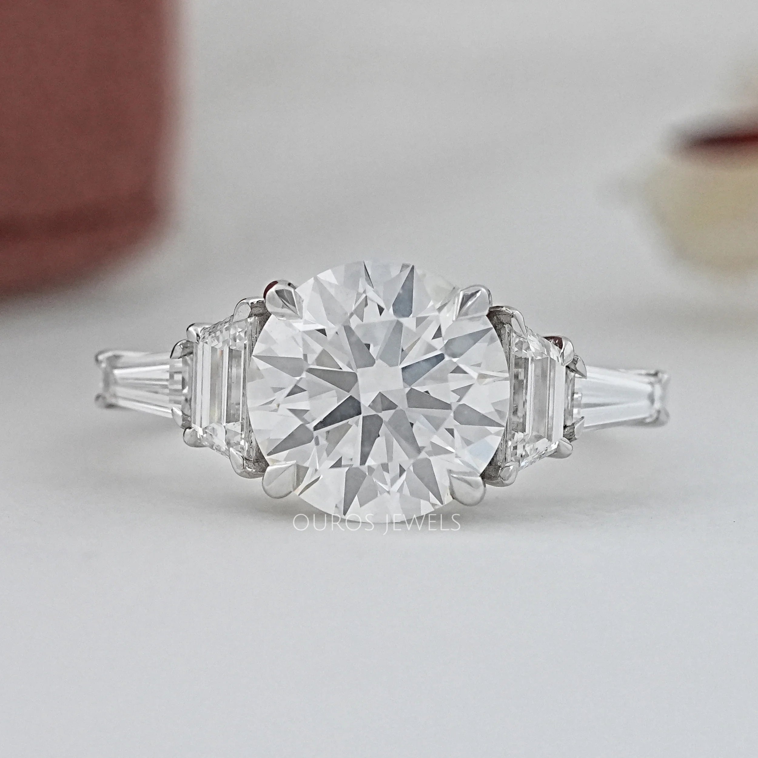 Round And Trapezoid Lab Diamond Five Stone Engagement Ring