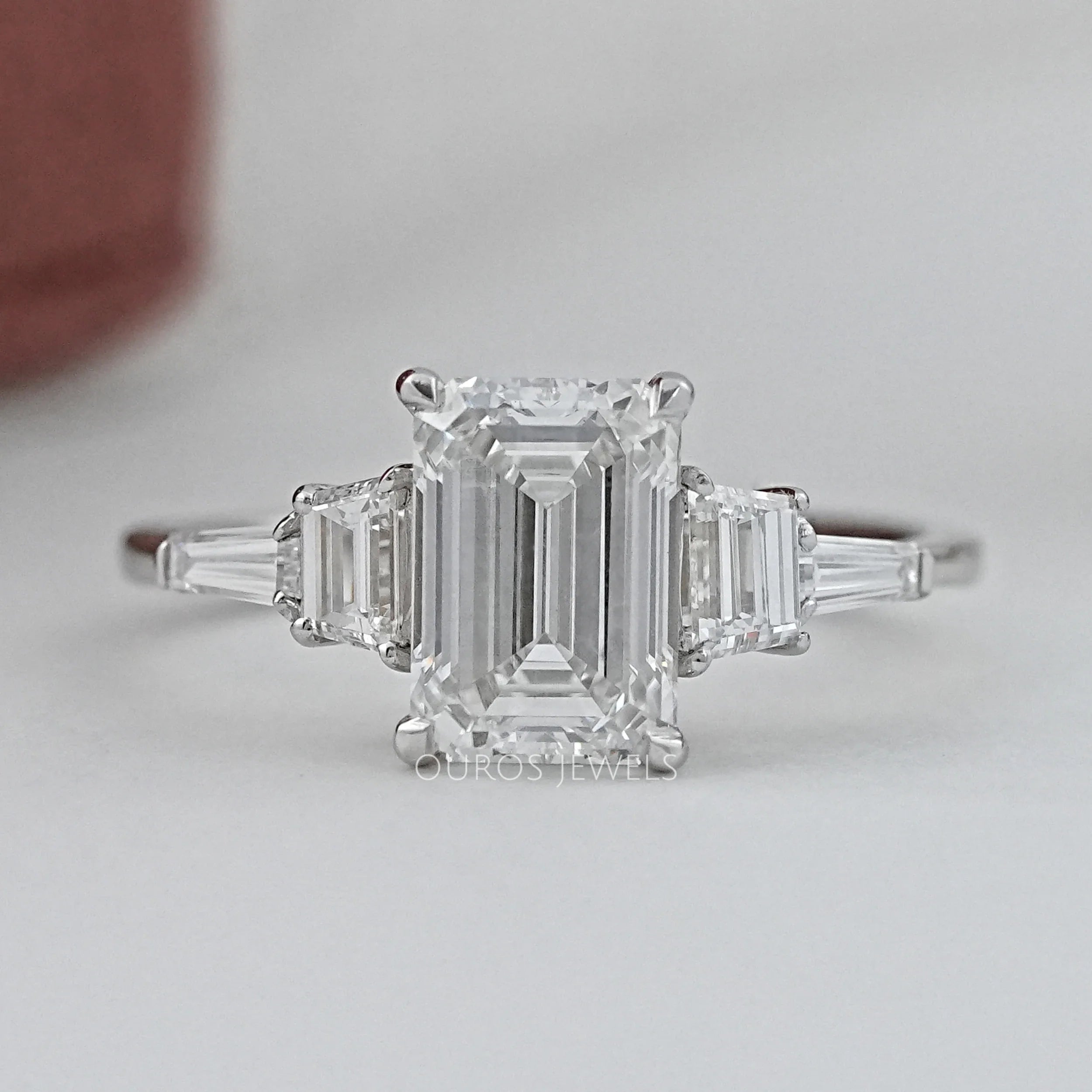 Emerald And Trapezoid Lab Diamond Five Stone Engagement Ring