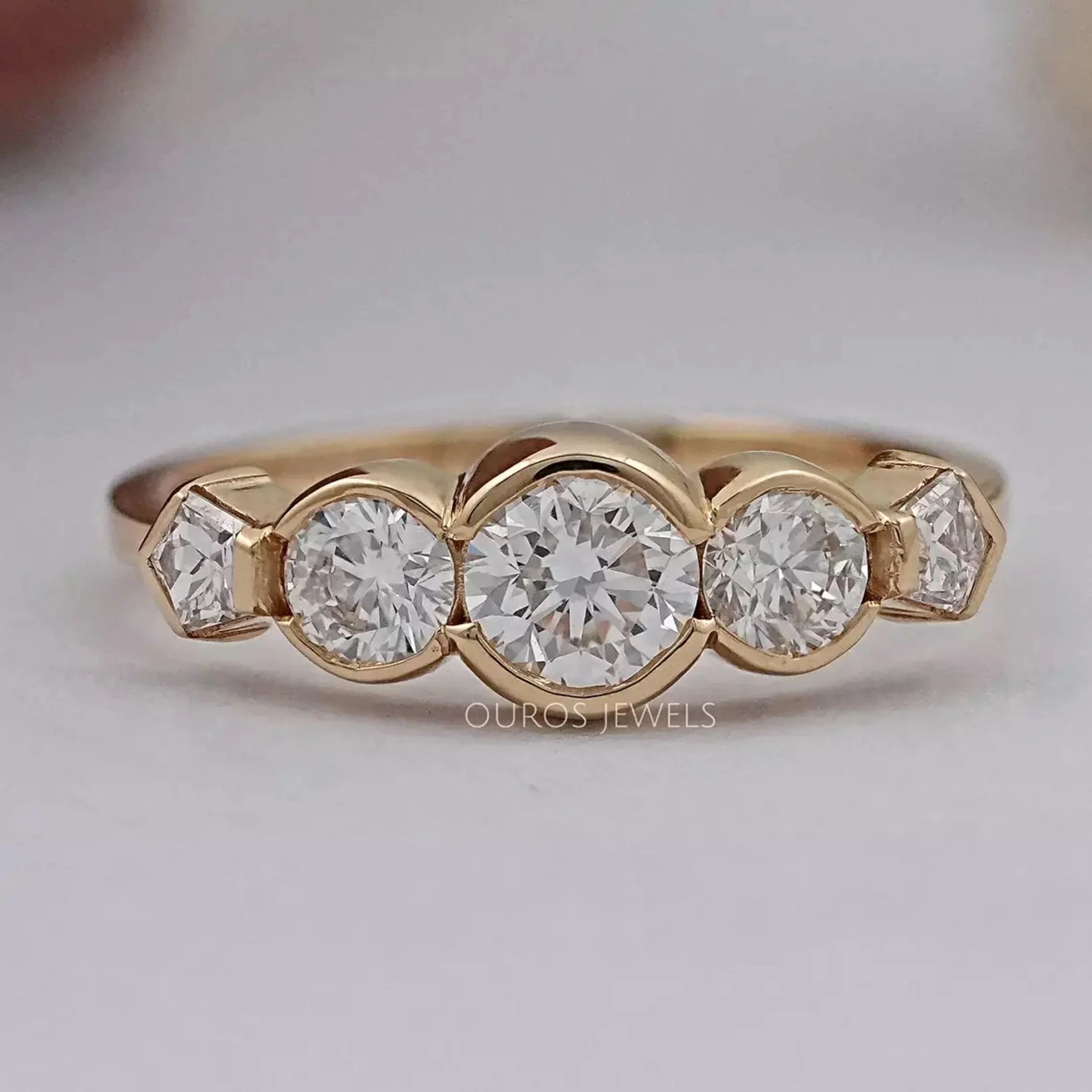 Five Stone Round And Pentagon Diamond Bezel Set Ring