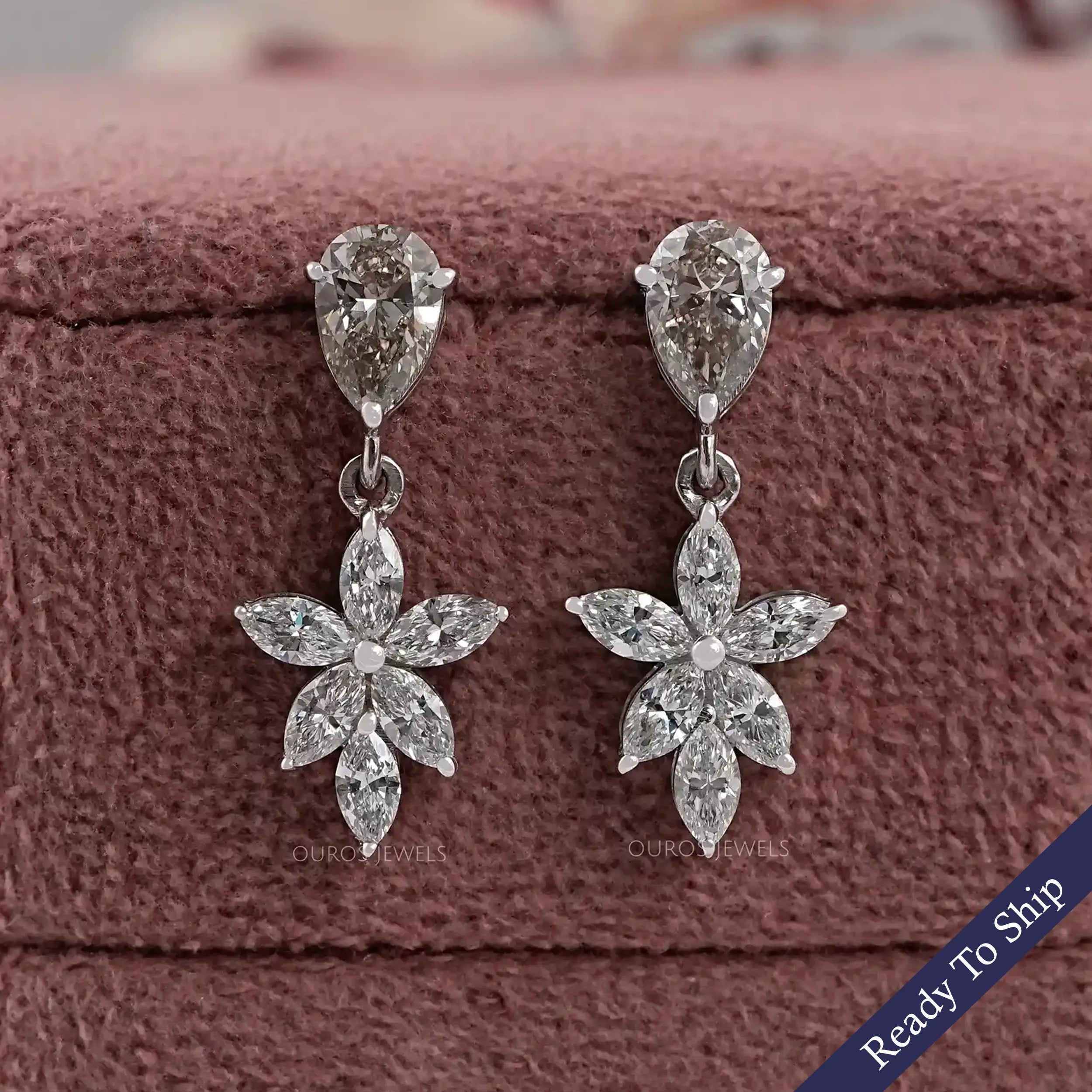 Olive Pear Lab Diamond Floral Drop Earrings