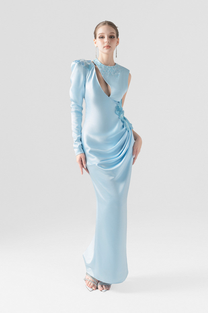 Décolletage Floral Accent Waist Silk Maxi Dress