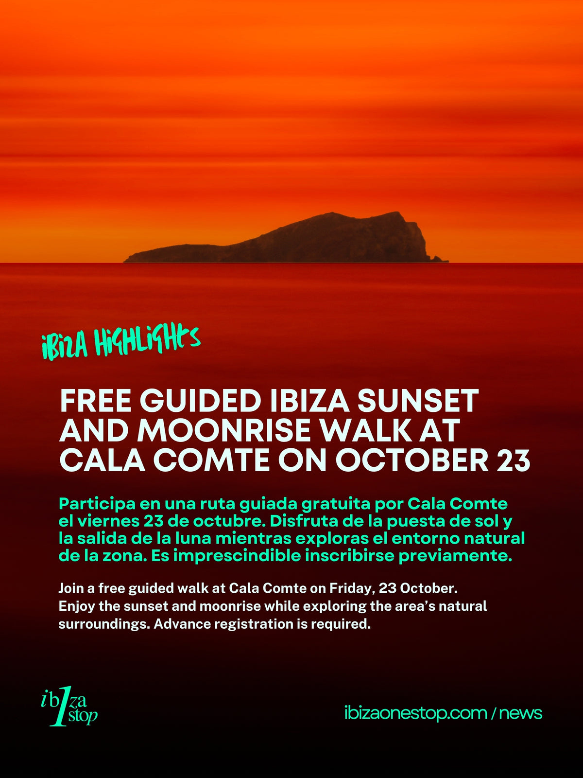 Free Guided Sunset and Moonrise Walk at Cala Comte in Ibiza on October 23