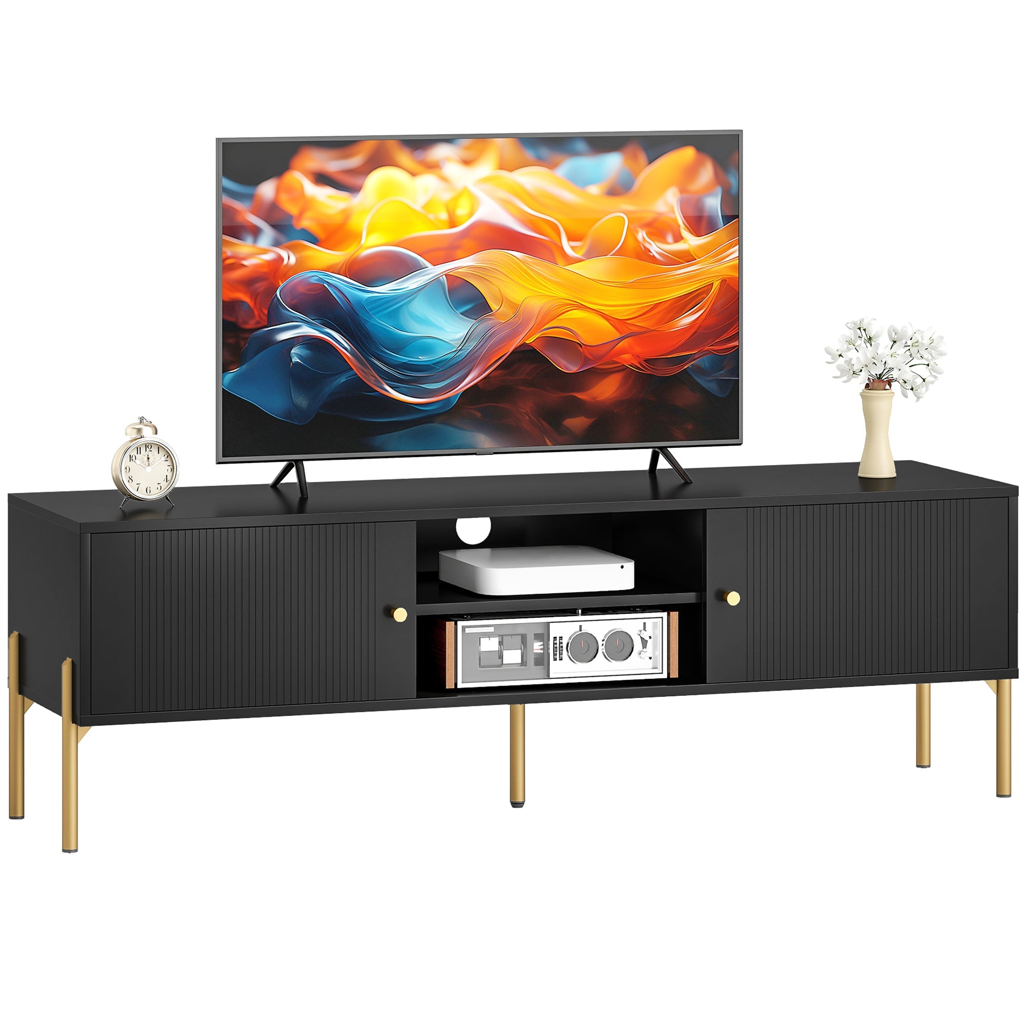 65" Modern TV Stand with 2 Open Shelves & 2 Cabinets, Steel-Legged Entertainment Center for Living Room, Black