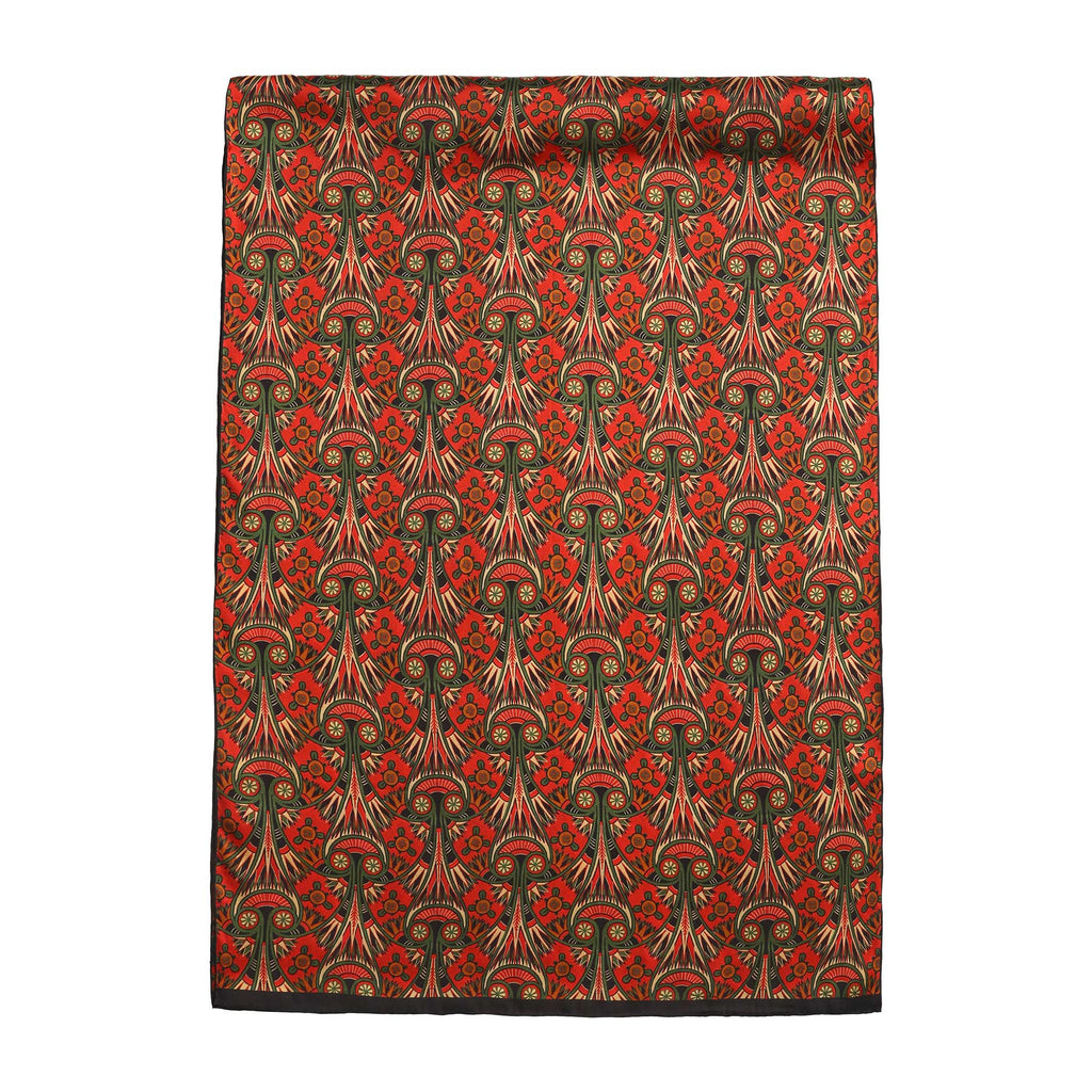 Art Nouveau Red Silk Scarf with Green & Gold Flourishes Azteca