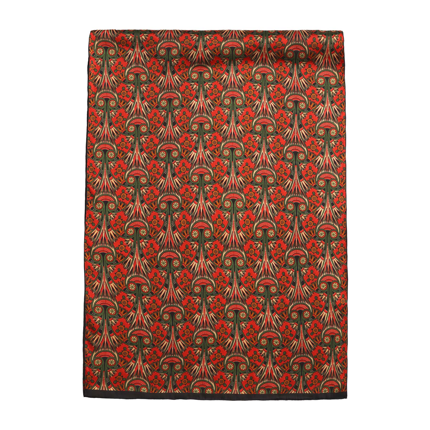 Art Nouveau Red Silk Scarf with Green & Gold Flourishes Azteca