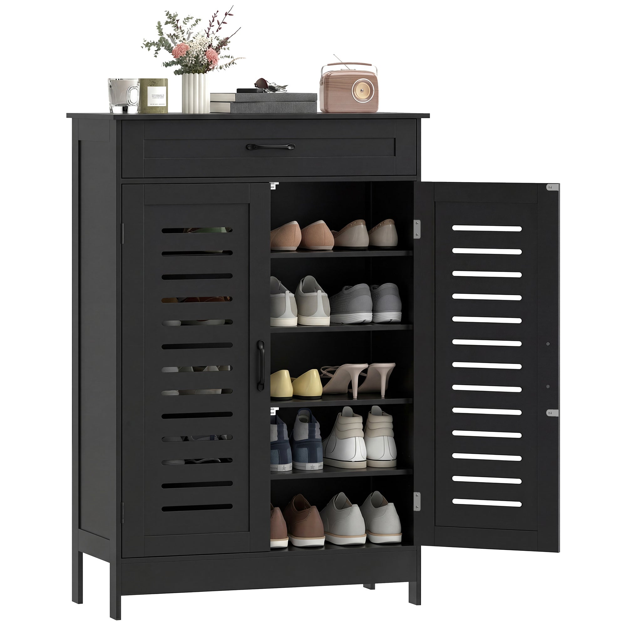 Shoe Cabinet with Louvered Doors, Drawer, Adjustable Shelf, Holds 20 Pairs Black