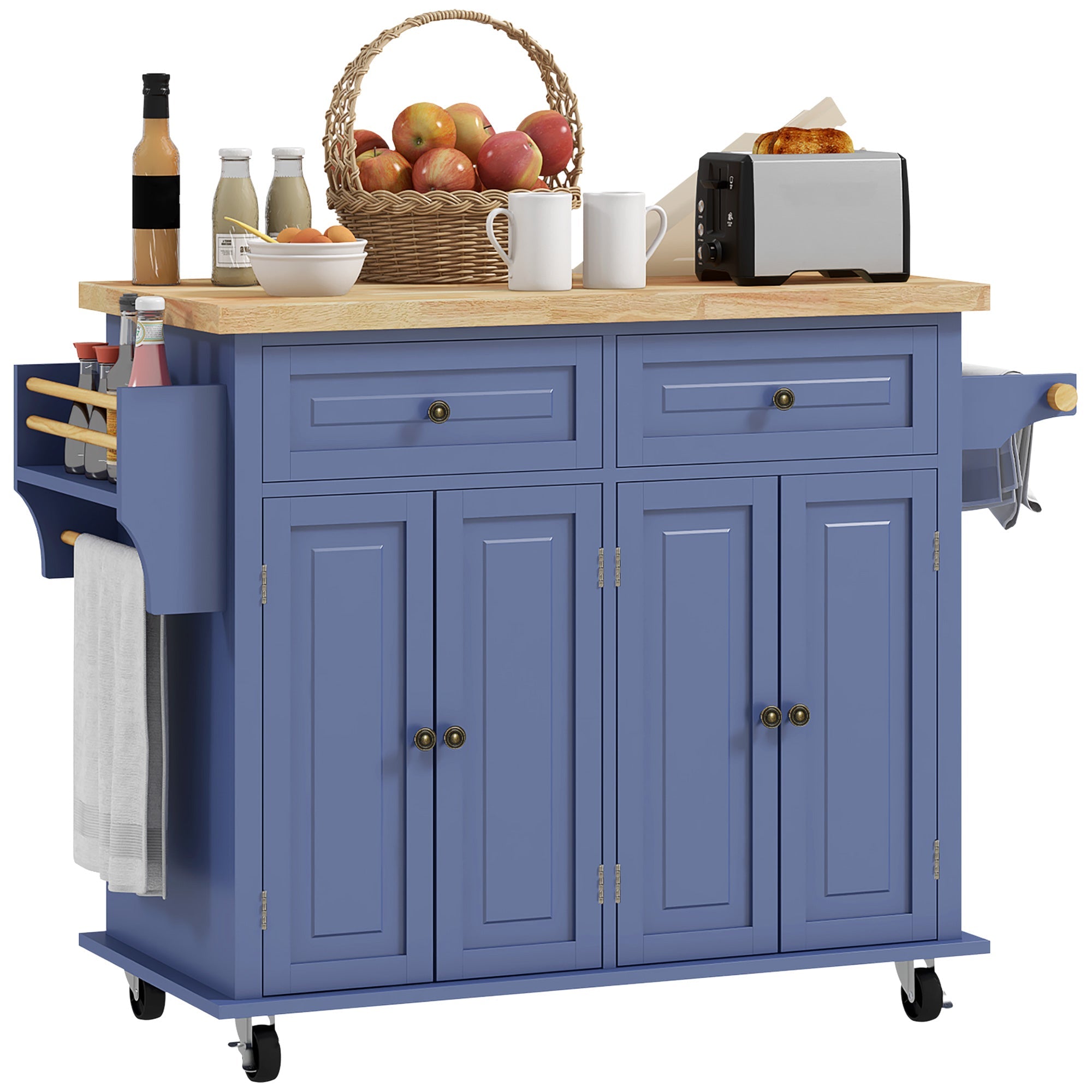 GlideSpace 44"W Butcher Block Cart, Movable Kitchen Island with Cabinets, Navy Blue