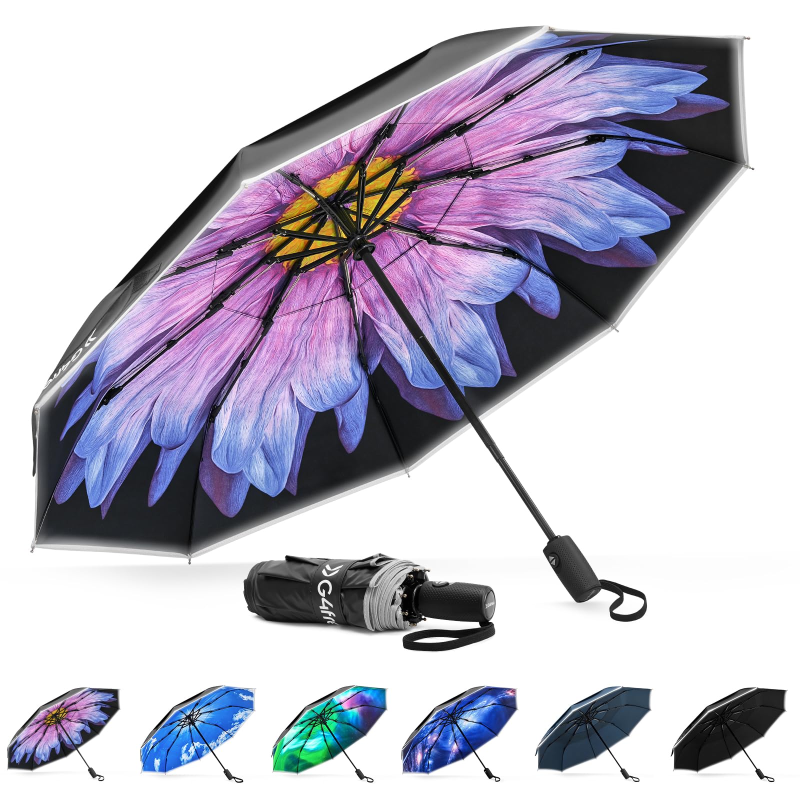 G4Free Eco Fiberglass Frame Double Canopy Reflective Strip Auto Folding Umbrella