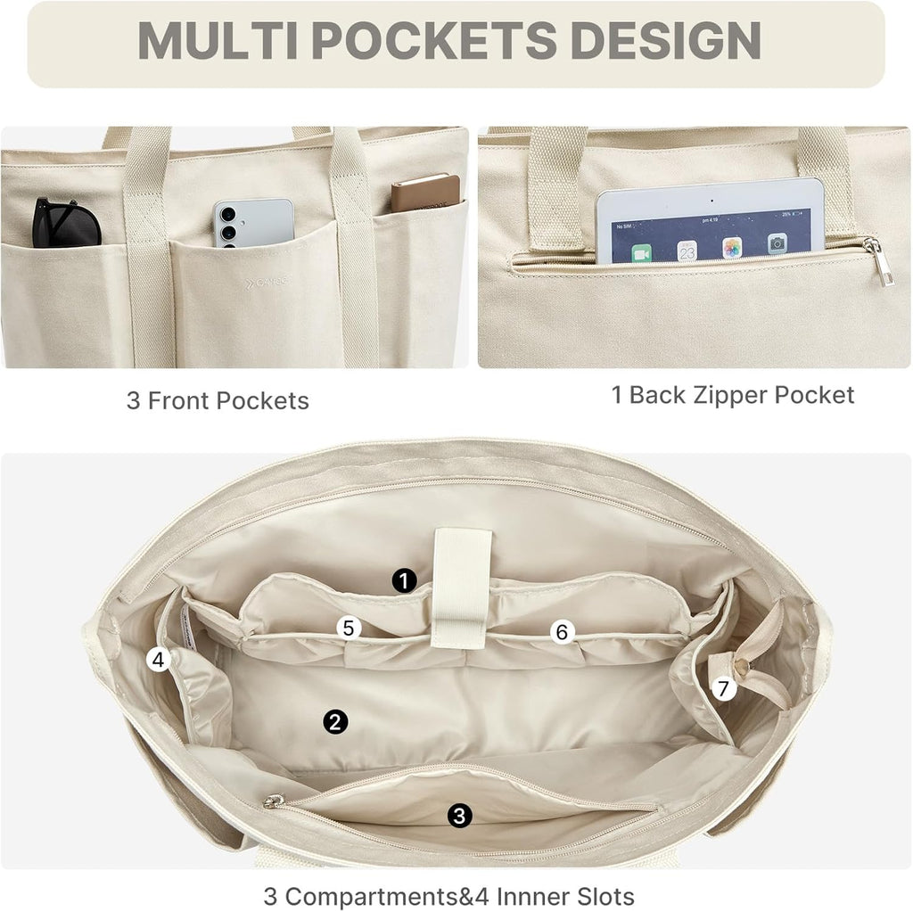 G4free Large Zipper Canvas Tote Bag With Laptop Sleeve