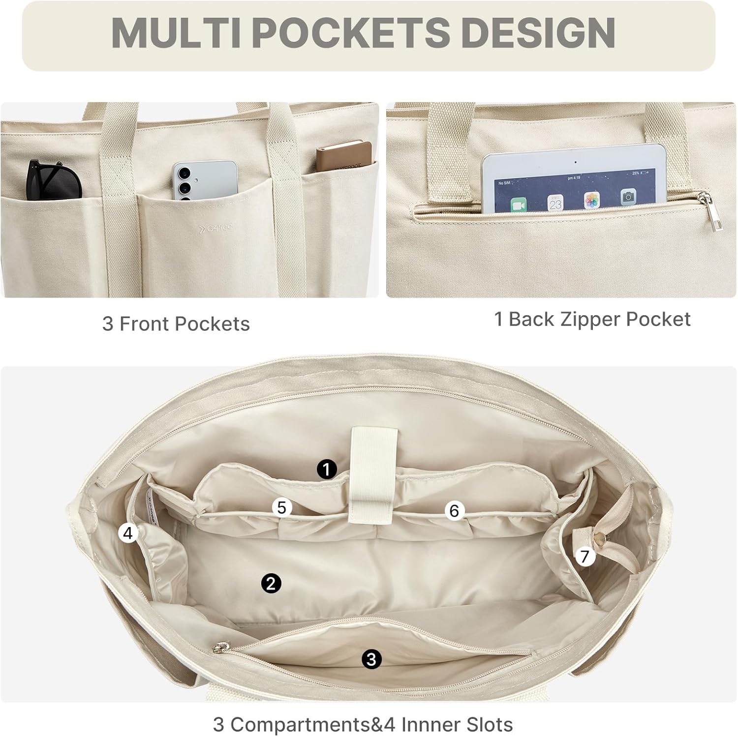 G4free Large Zipper Canvas Tote Bag With Laptop Sleeve
