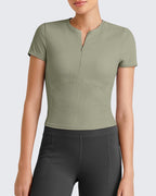 Ribbed Half Zip Slim Work Out Short Sleeve