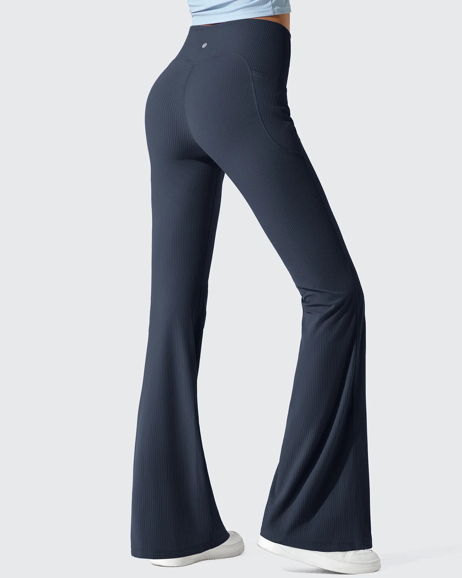 Ribbed High Waisted Pockets Bootcut Leggings