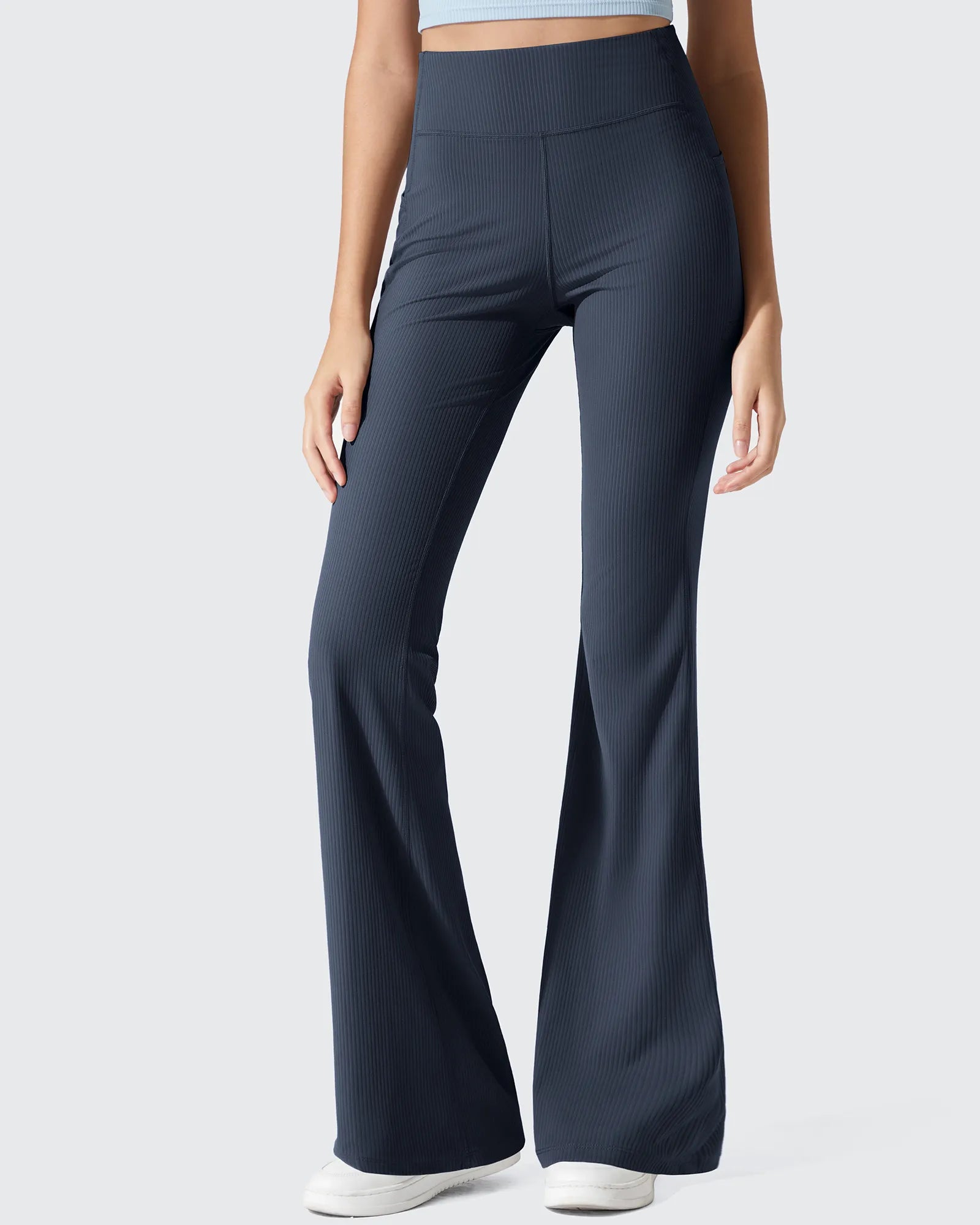 Ribbed High Waisted Pockets Bootcut Leggings