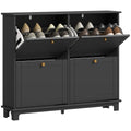 Narrow Shoe Cabinet with Wave-like Panels & 4 Flip Drawers for 16 Pairs of Shoes, Black