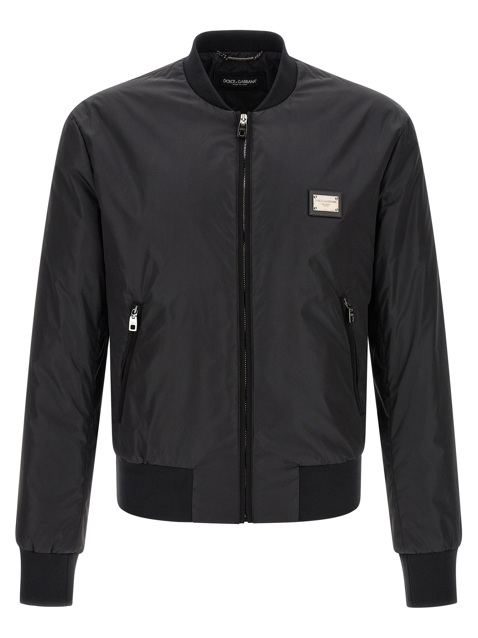 Dolce & Gabbana Logo Plaque Nylon Bomber Jacket — Black