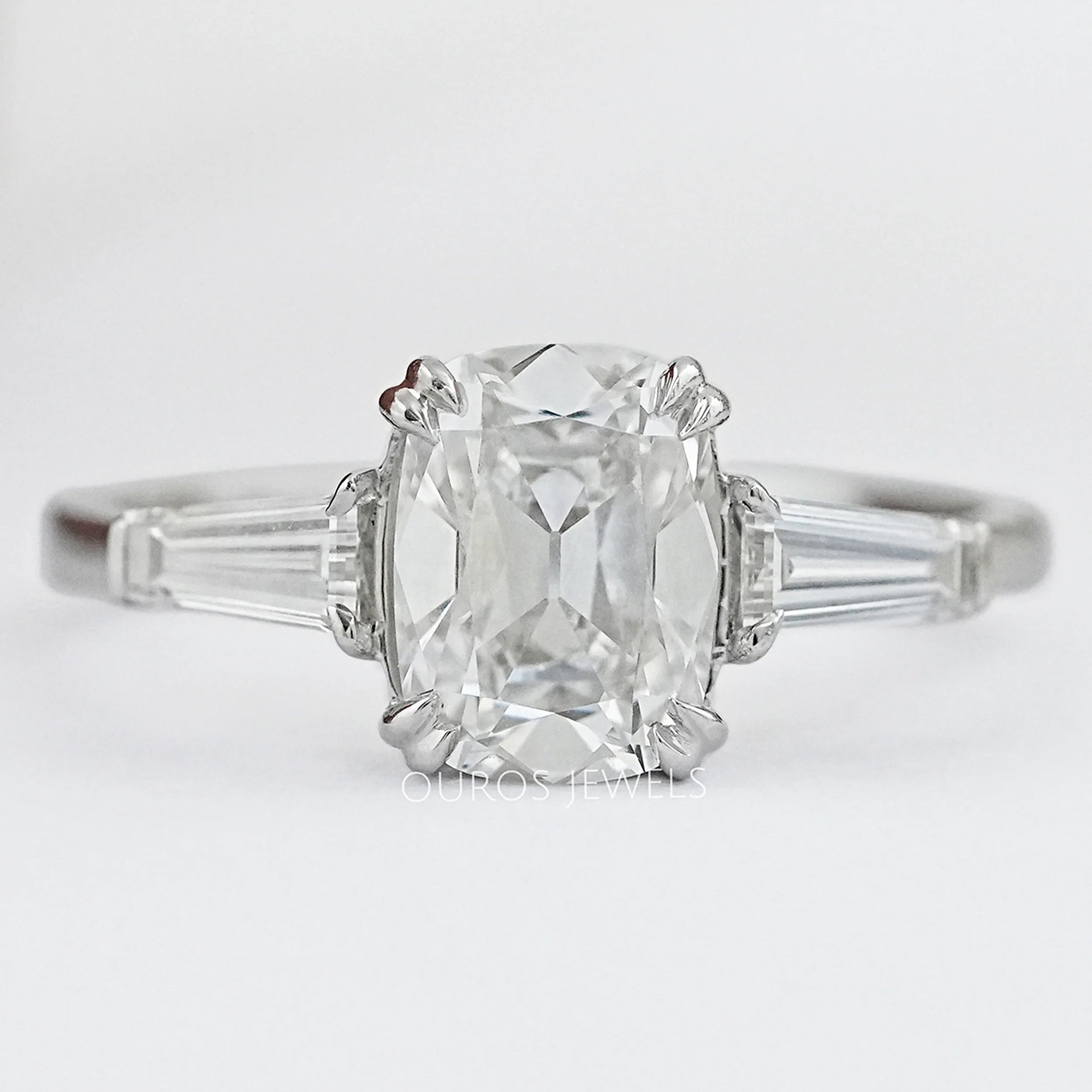 Three Stone Old Mine Cushion Cut Diamond Engagement Ring