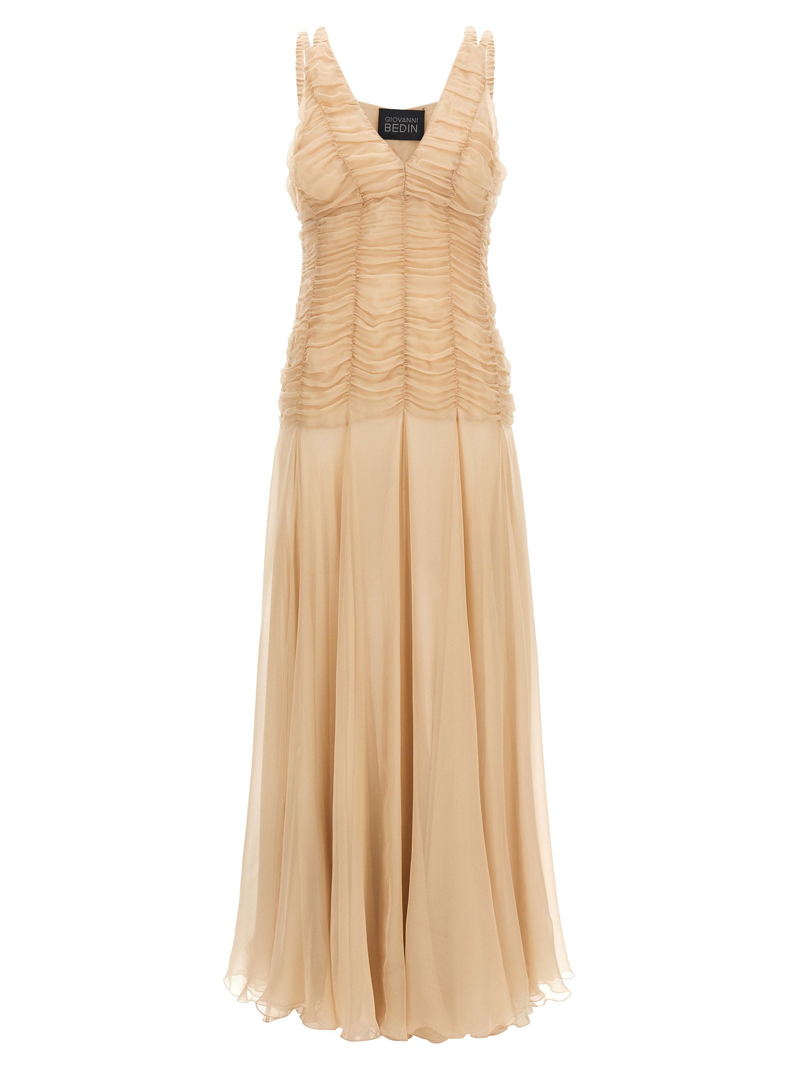 Giovanni Bedin Smocked Silk Chiffon Dress — Beige