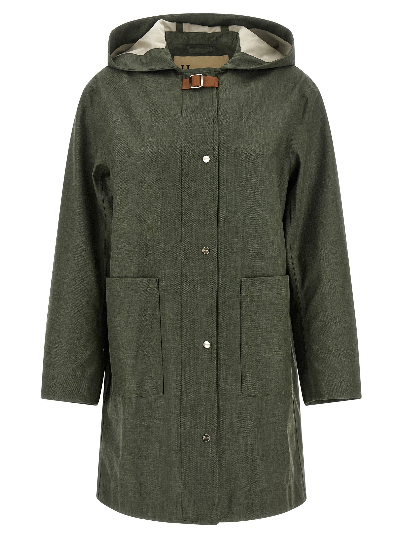 Herno Technical Linen Blend Raincoat — Olive Green