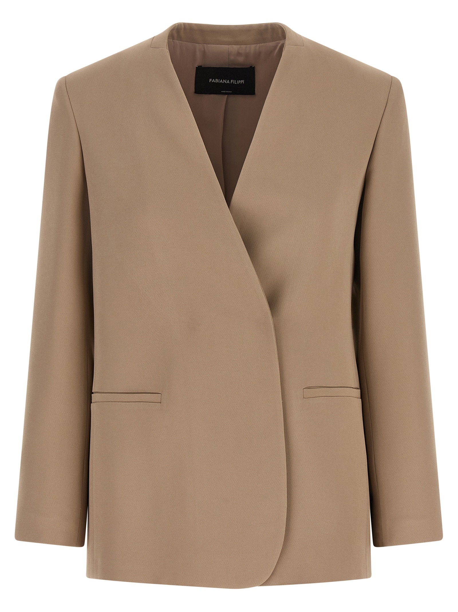 Fabiana Filippi Linen-Viscose Twill V-Neck Blazer — Camel