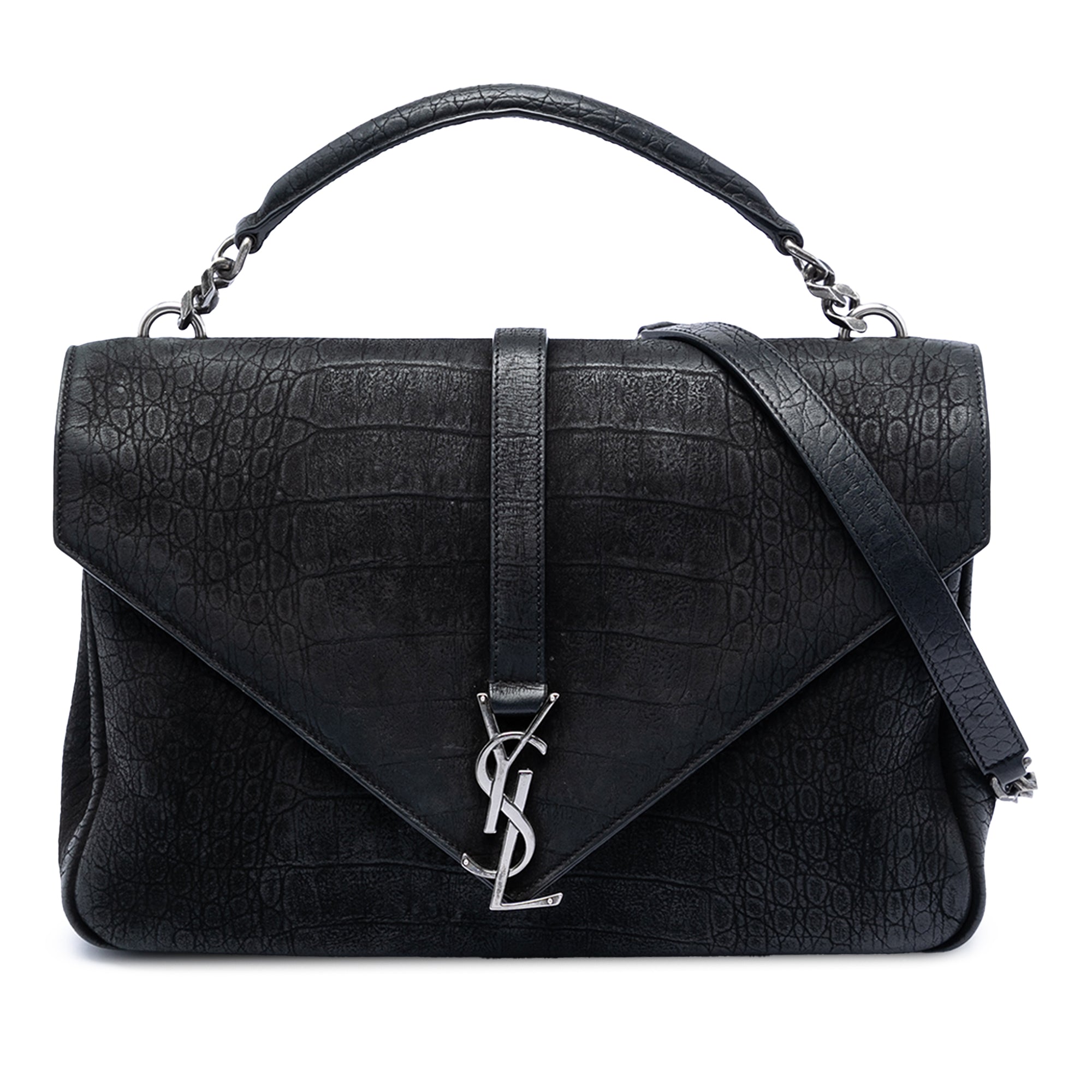 Large Croc Embossed Nubuck Monogram College Satchel