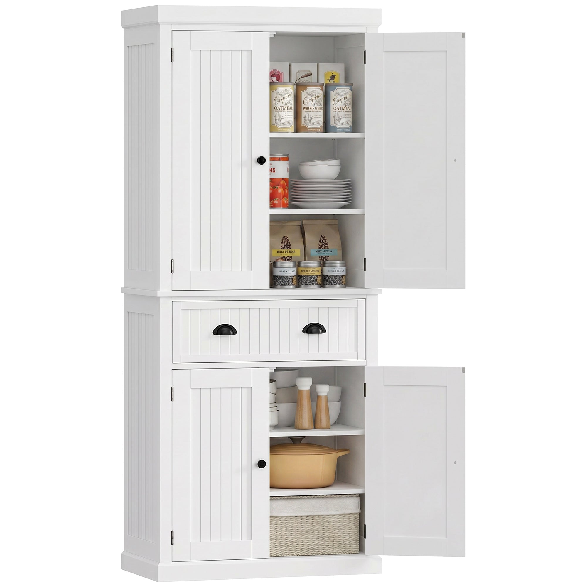 72" Tall Pantry Cabinet with Beadboard Doors, Adjustable Shelves & Drawer, White