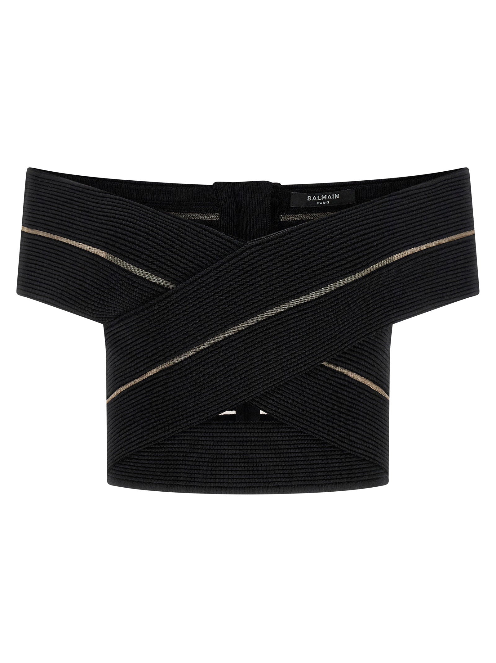 Balmain Off-Shoulder Ribbed Viscose Blouse — Black