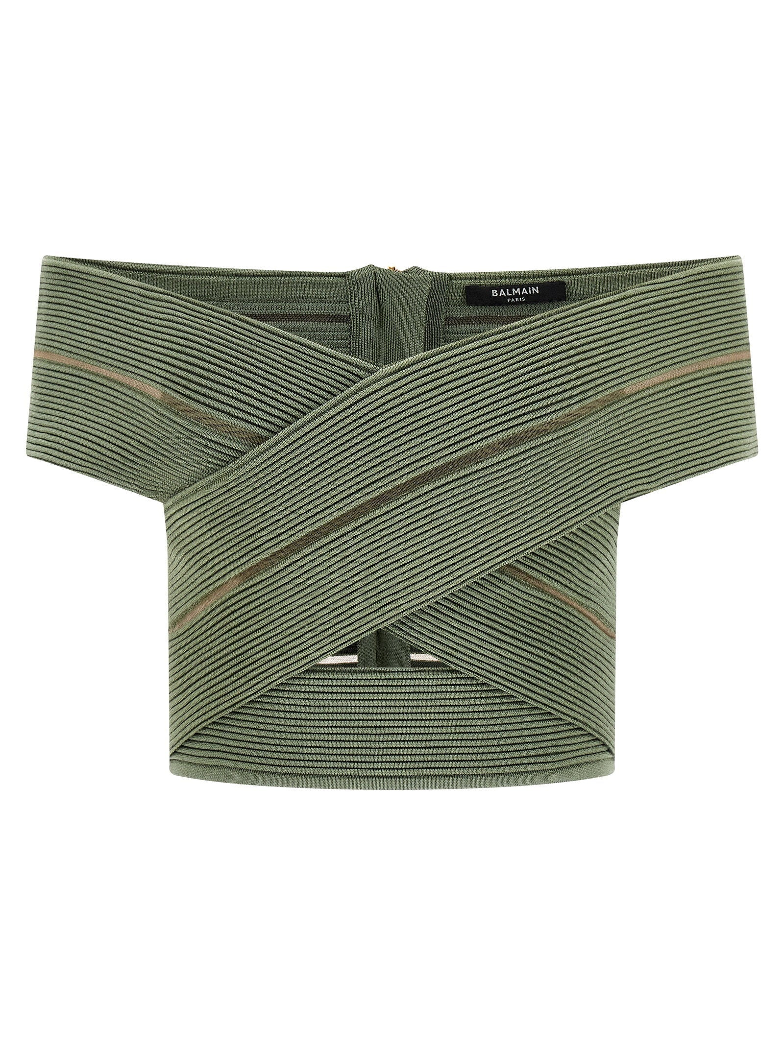 Balmain Off-the-Shoulder Crop Blouse — Green