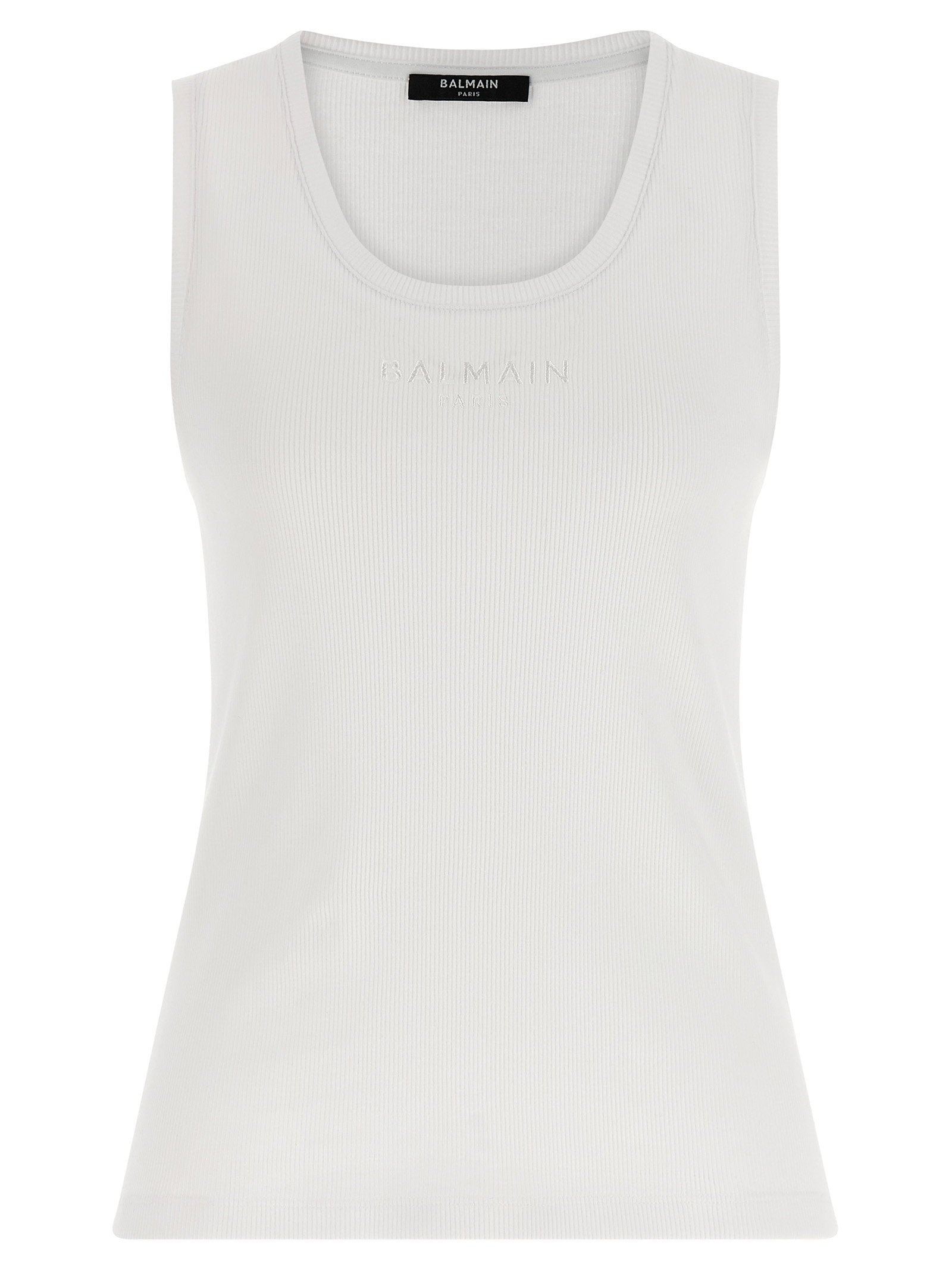 Balmain Logo-Embroidered Ribbed Cotton Tank Top — White