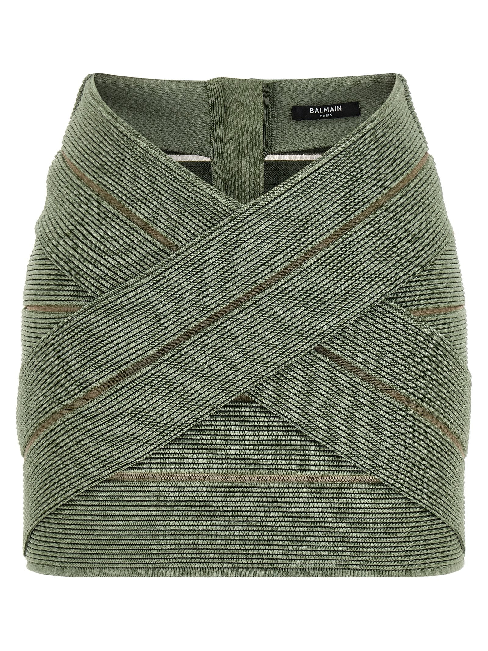 Balmain Ribbed Viscose with Mesh Inserts Skirt — Sage Green