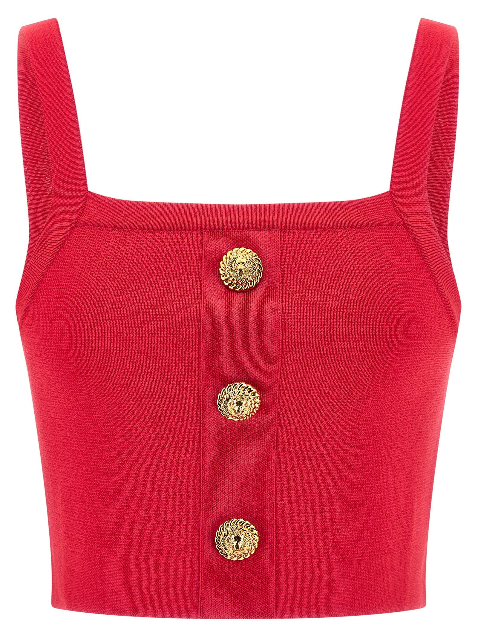 Balmain Lion-Head Button Knit Tank Top — Red