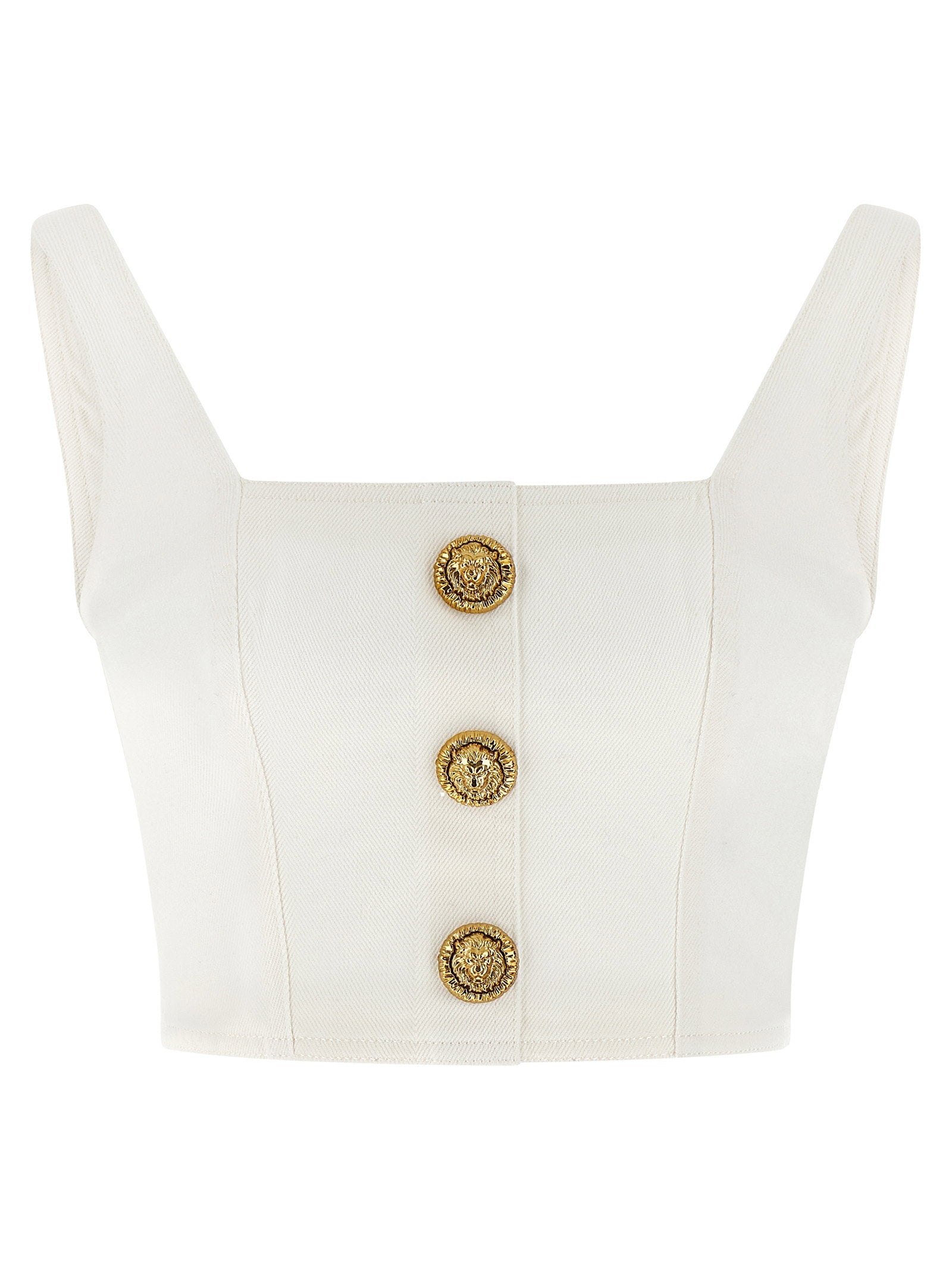 Balmain Lion-Button Canvas Tank Top — White