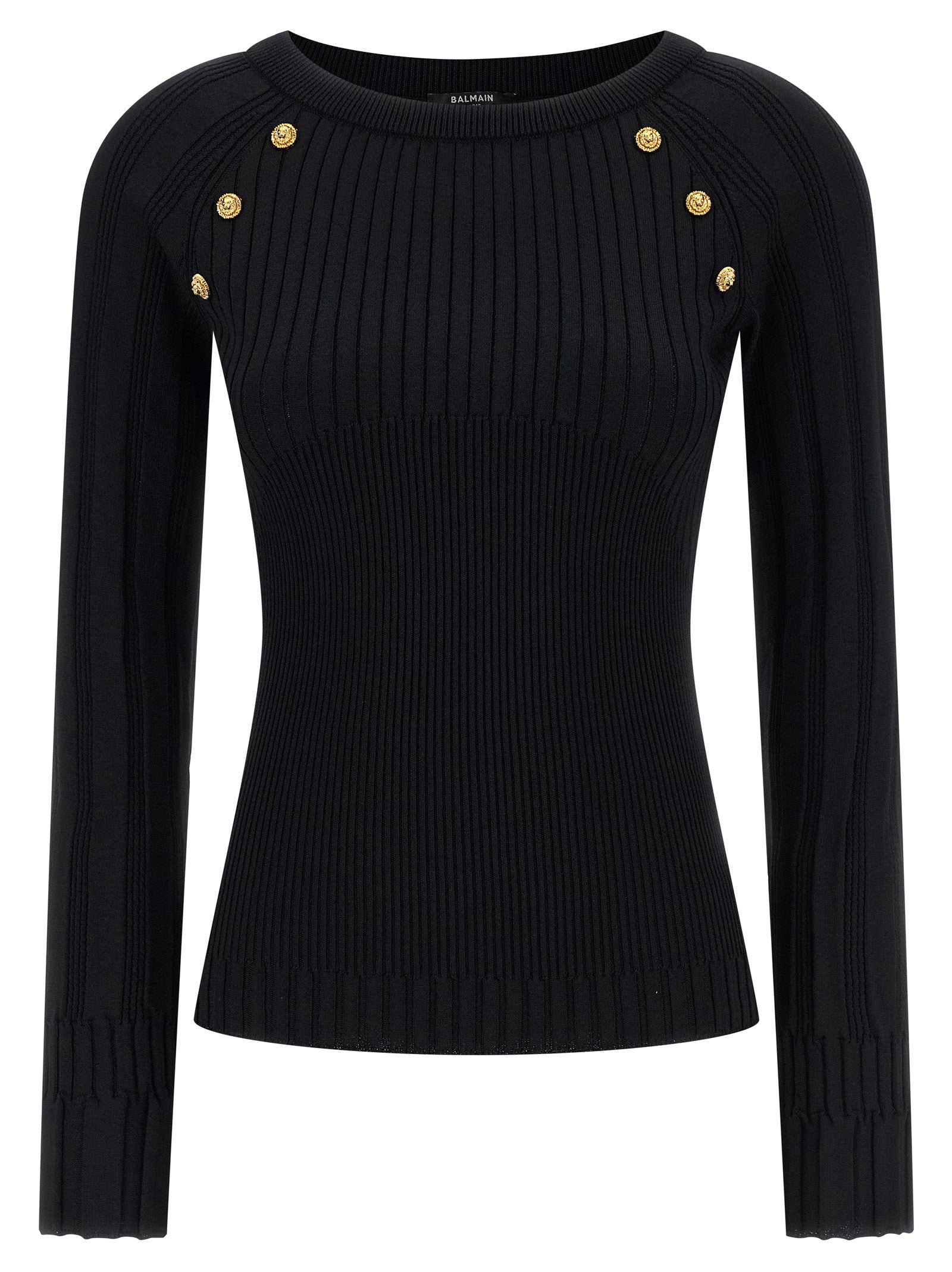 Balmain Gold Button-Embellished Ribbed Sweater — Black