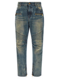 Balmain Knee-Ribbed Biker Denim Jeans — Blue