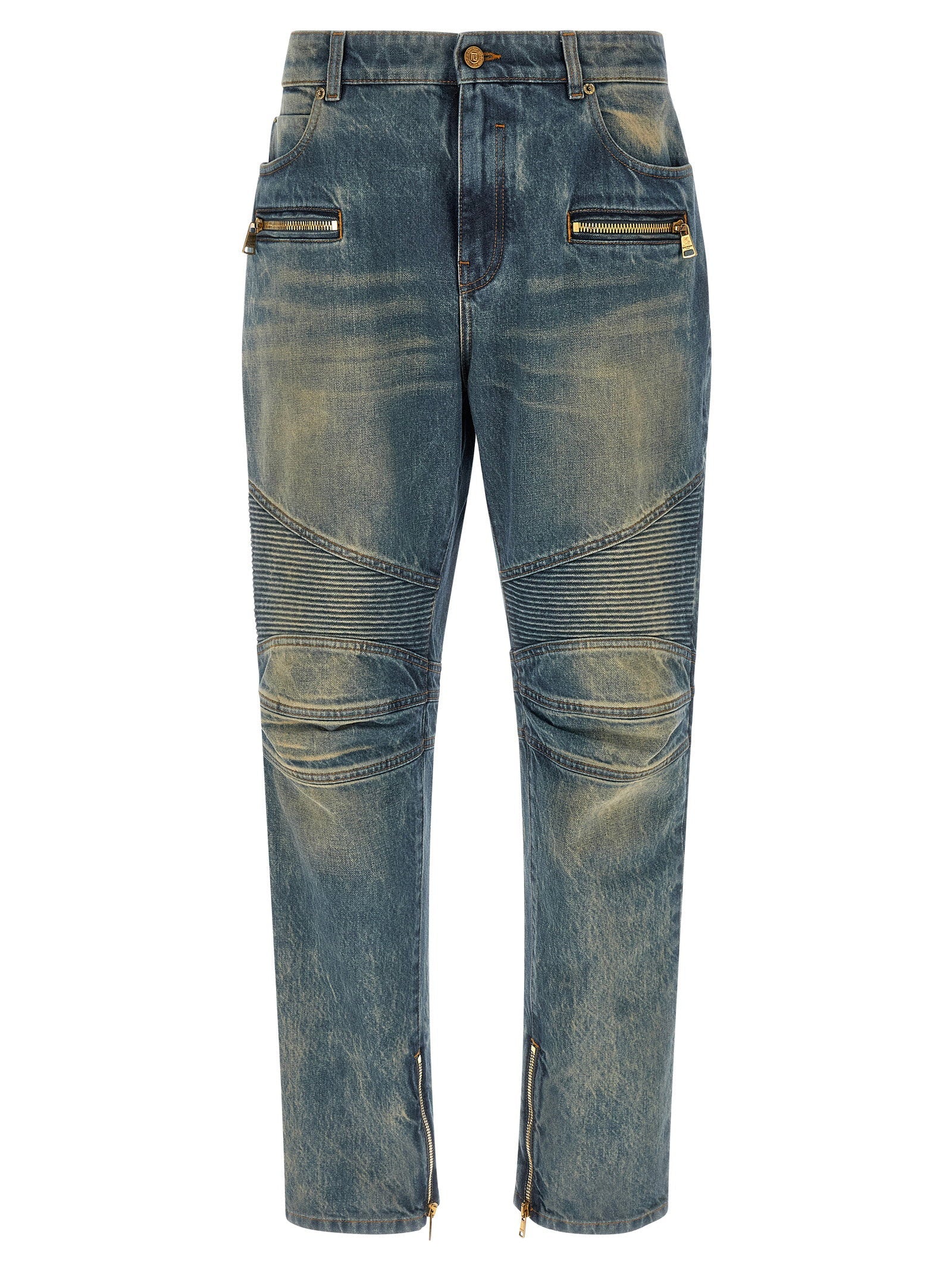 Balmain Knee-Ribbed Biker Denim Jeans — Blue