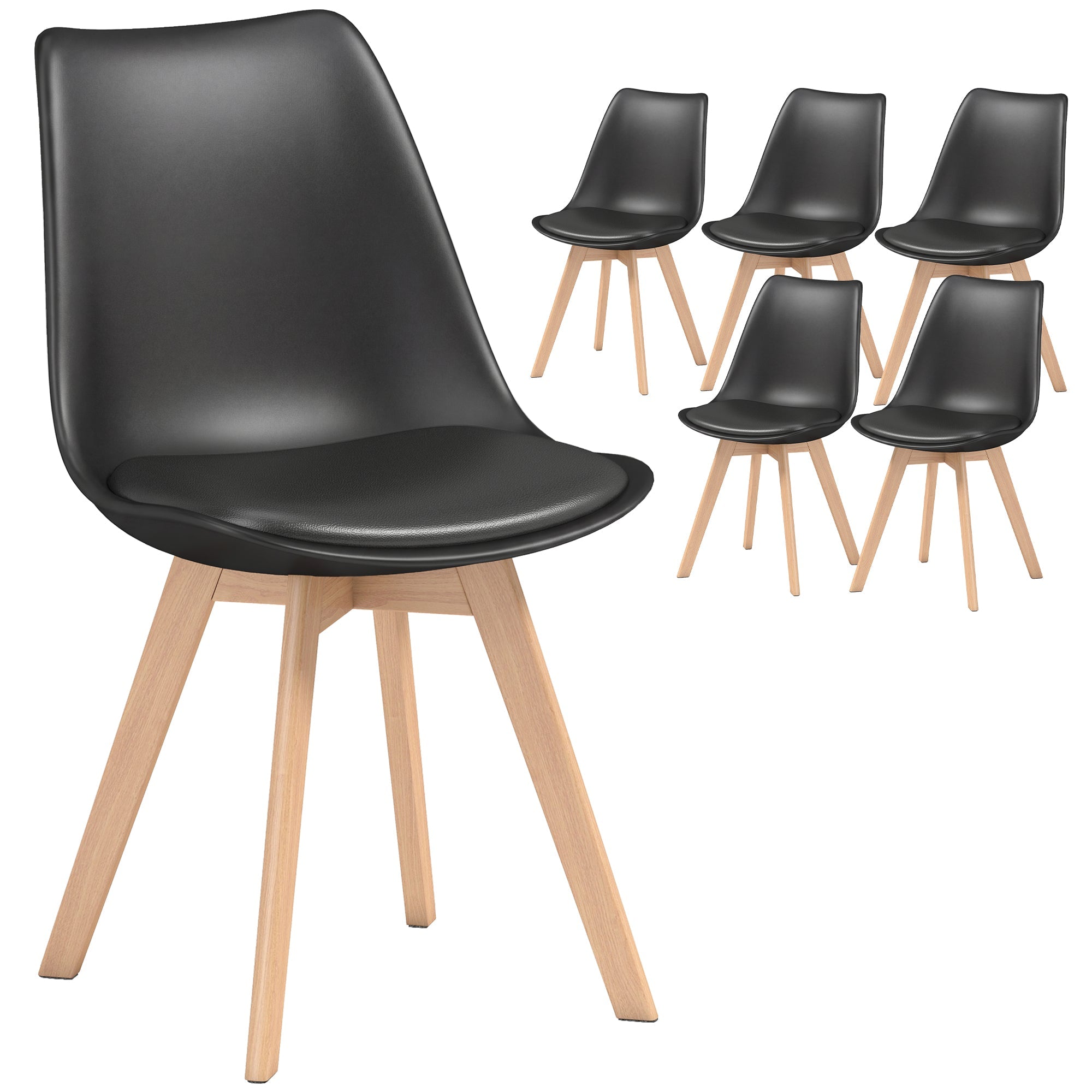 6-Piece Dining Chair Set with PU Leather & Wooden Base, Black