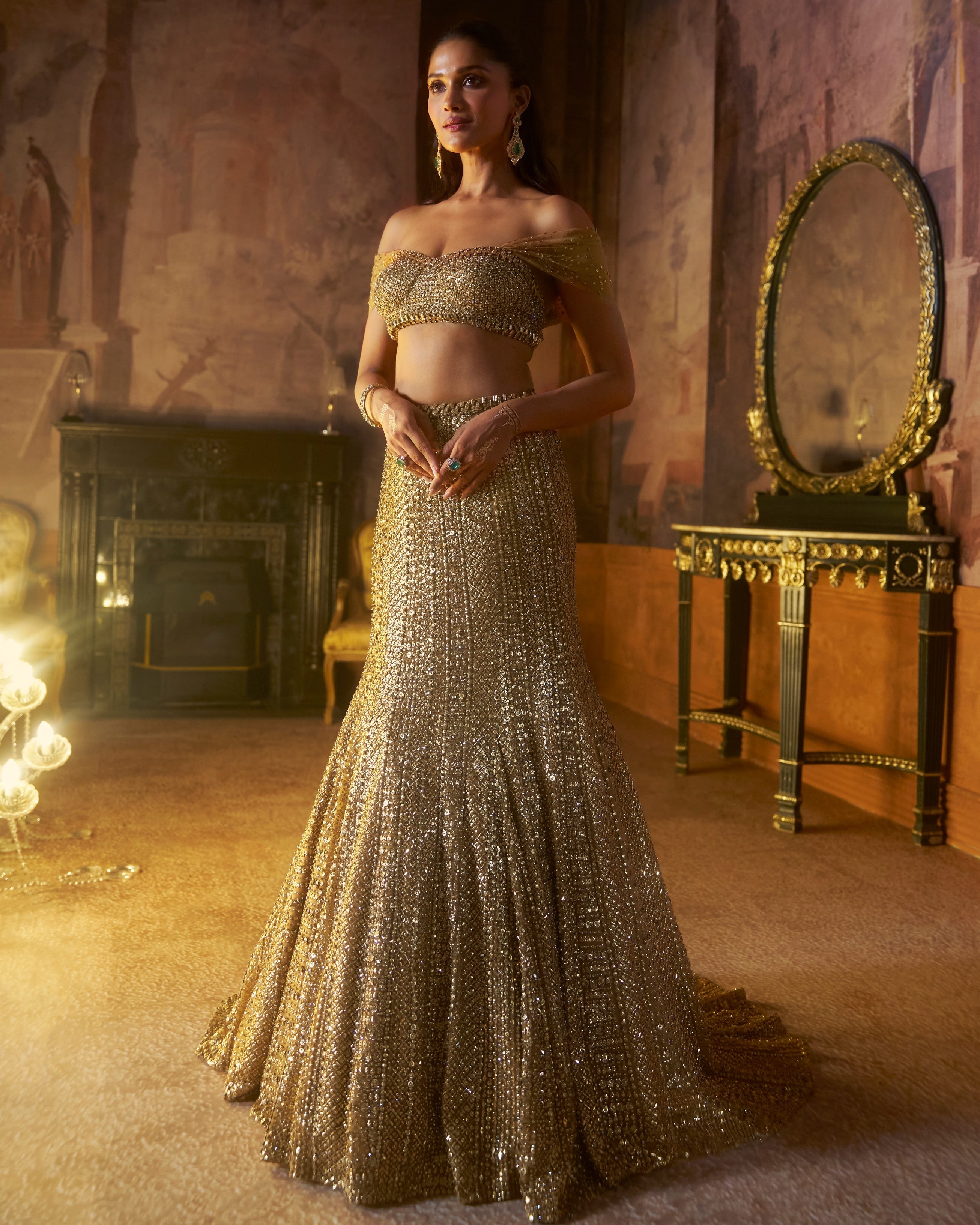 Antique Gold Trail Skirt Set By KYNAH, Luxury Indian Fashion & Bridal Wear