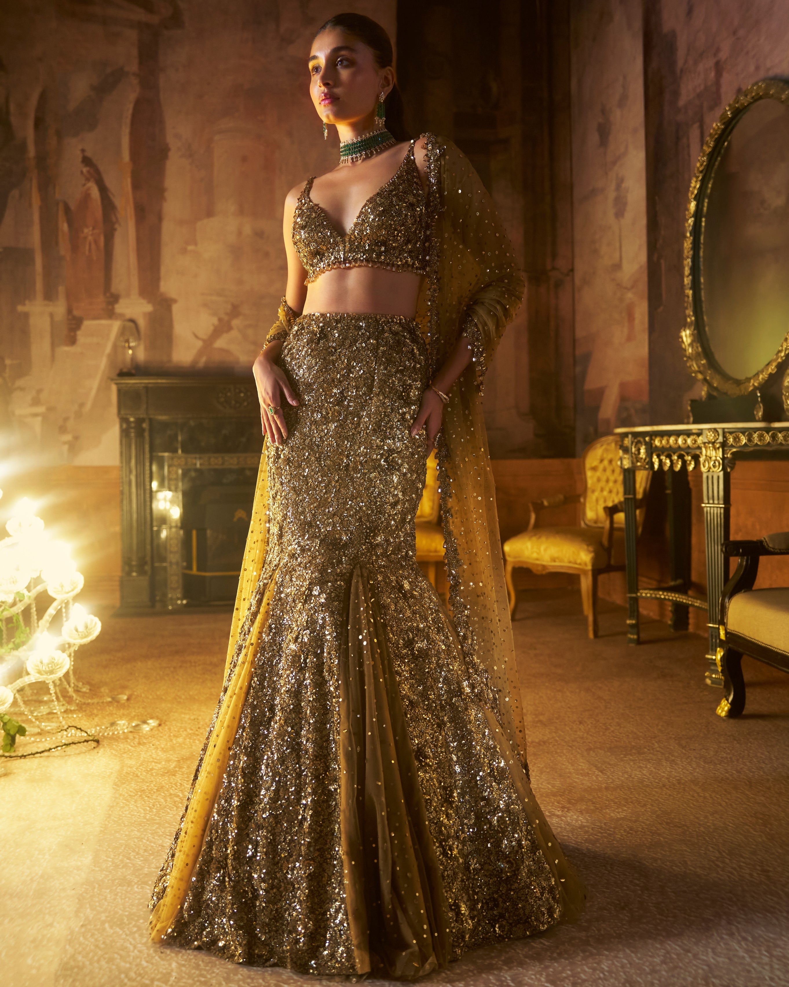 Antique Gold Fit & Flare Skirt Set By KYNAH, Luxury Indian Fashion & Bridal Wear