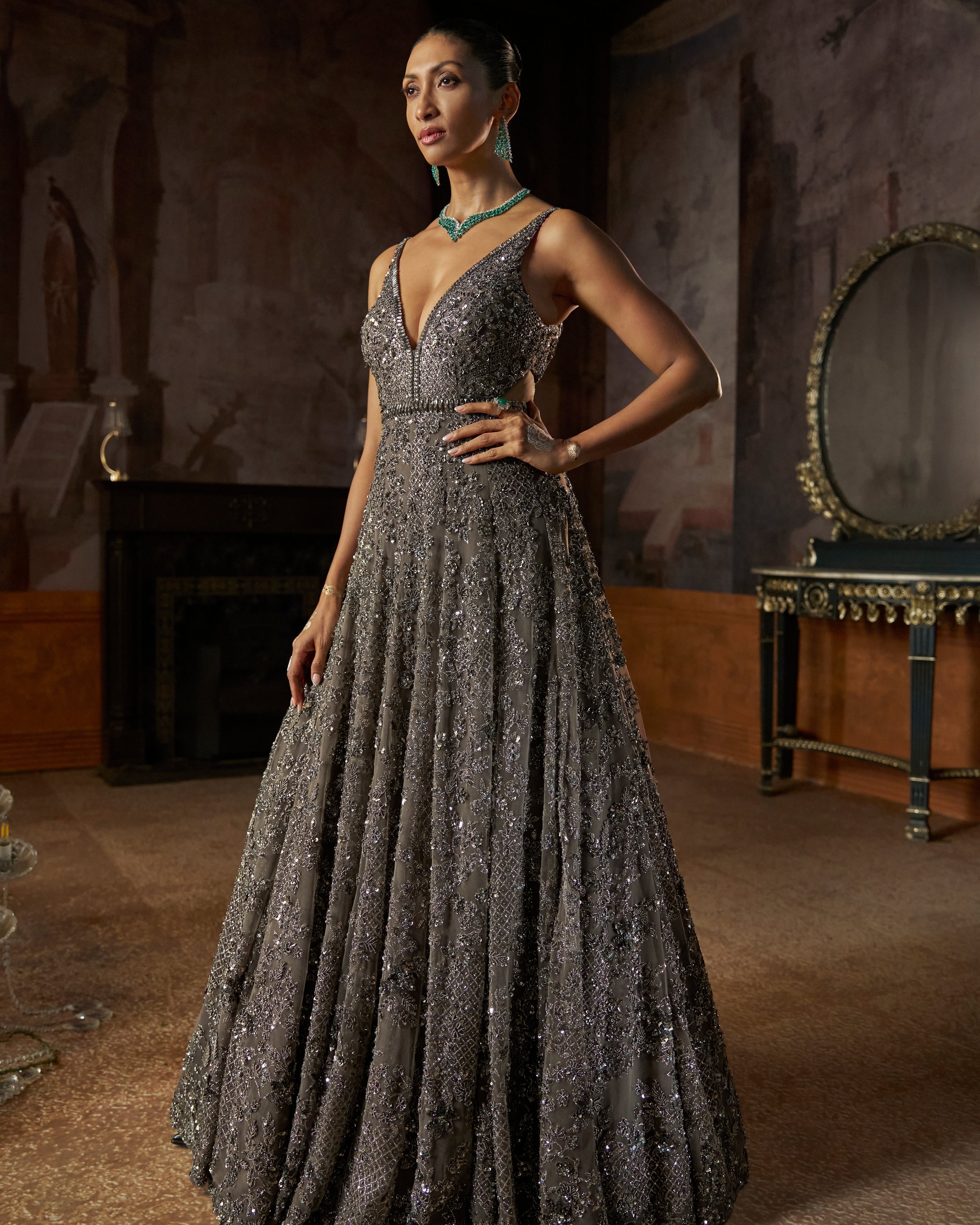 Charcoal Sequin Gown By KYNAH, Luxury Indian Fashion & Bridal Wear