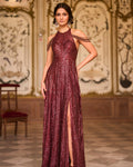Maroon Sequin Halter Neck Gown By KYNAH, Luxury Indian Fashion & Bridal Wear
