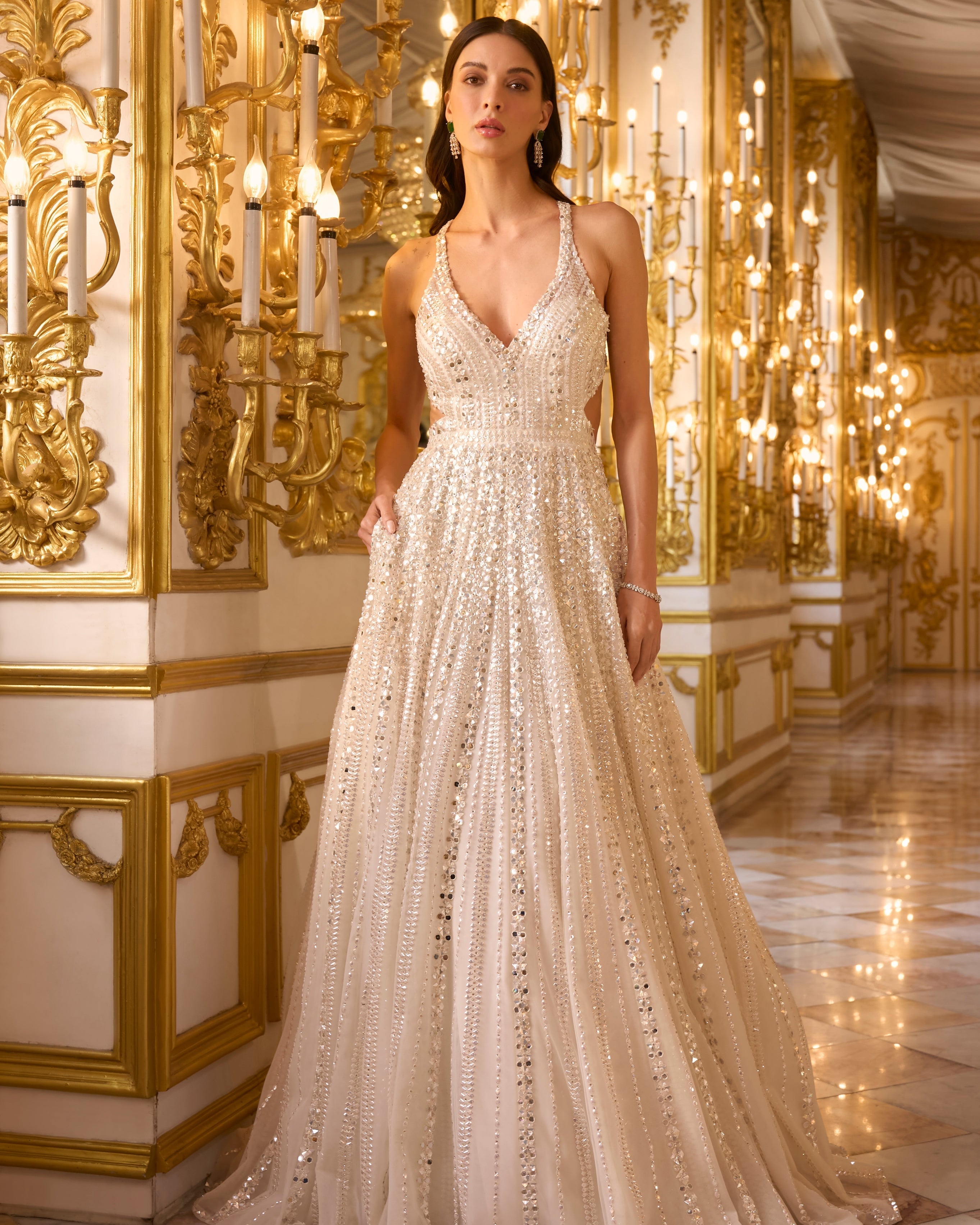 Ivory Mirror Work Gown By KYNAH, Luxury Indian Fashion & Bridal Wear