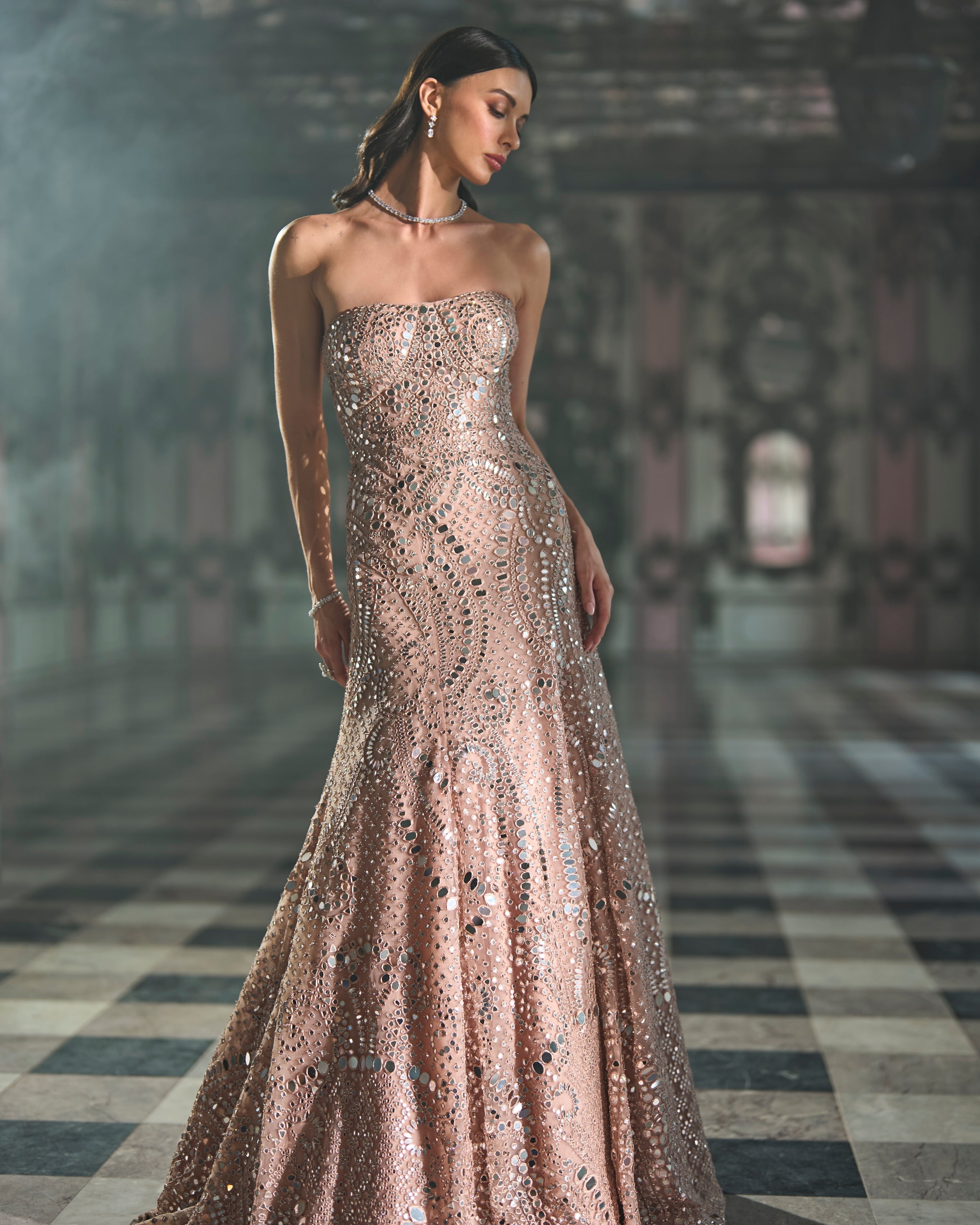 Rose Gold Mirror Work Gown By KYNAH, Luxury Indian Fashion & Bridal Wear