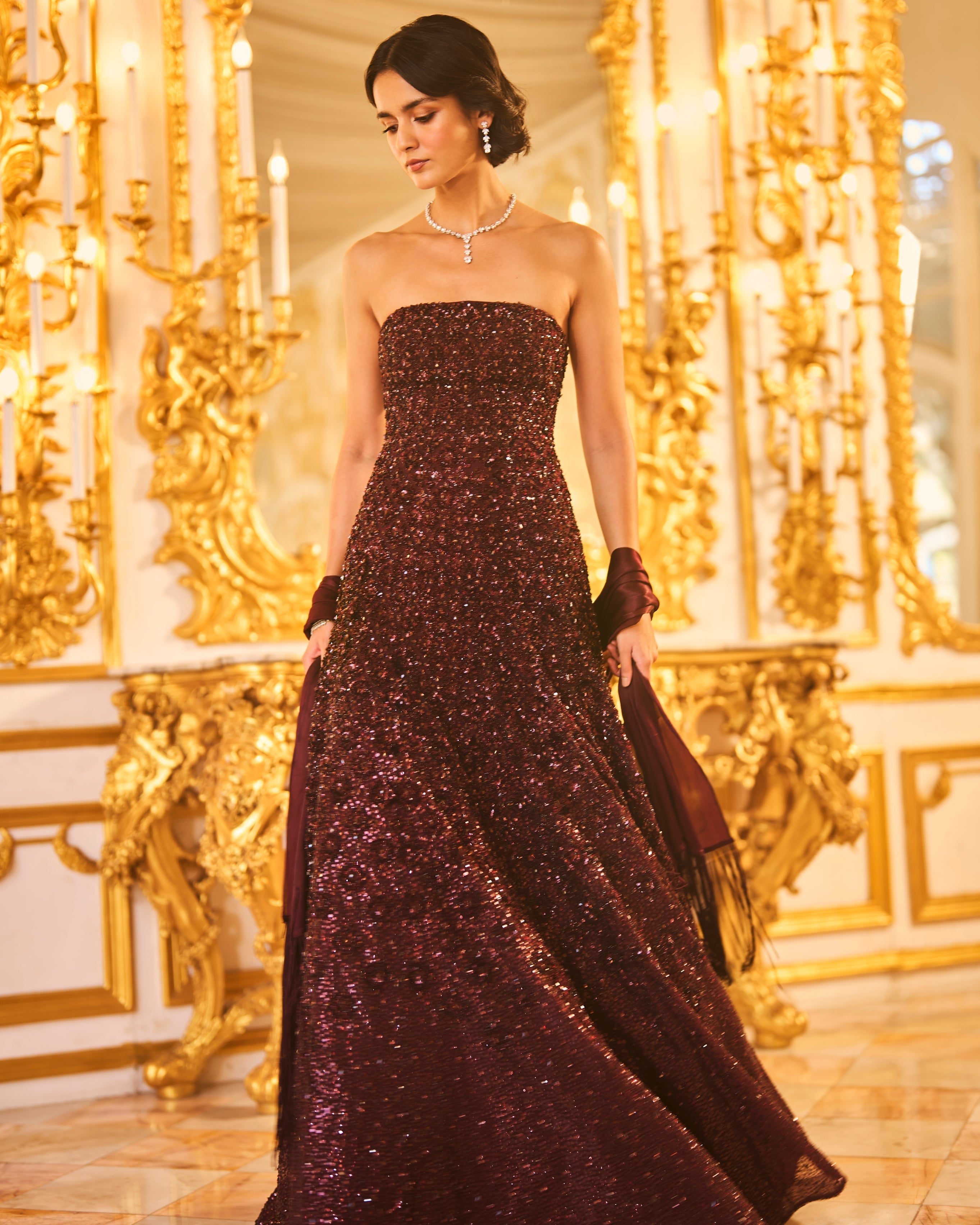 Wine Sequin Gown By KYNAH, Luxury Indian Fashion & Bridal Wear