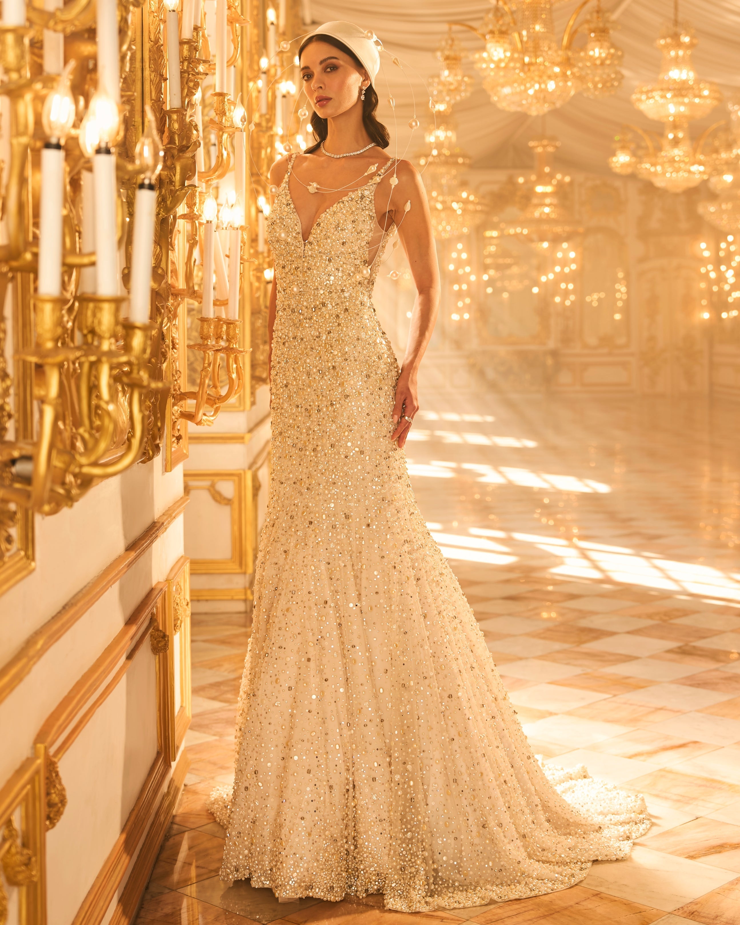Ivory Pearl Trail Gown By KYNAH, Luxury Indian Fashion & Bridal Wear