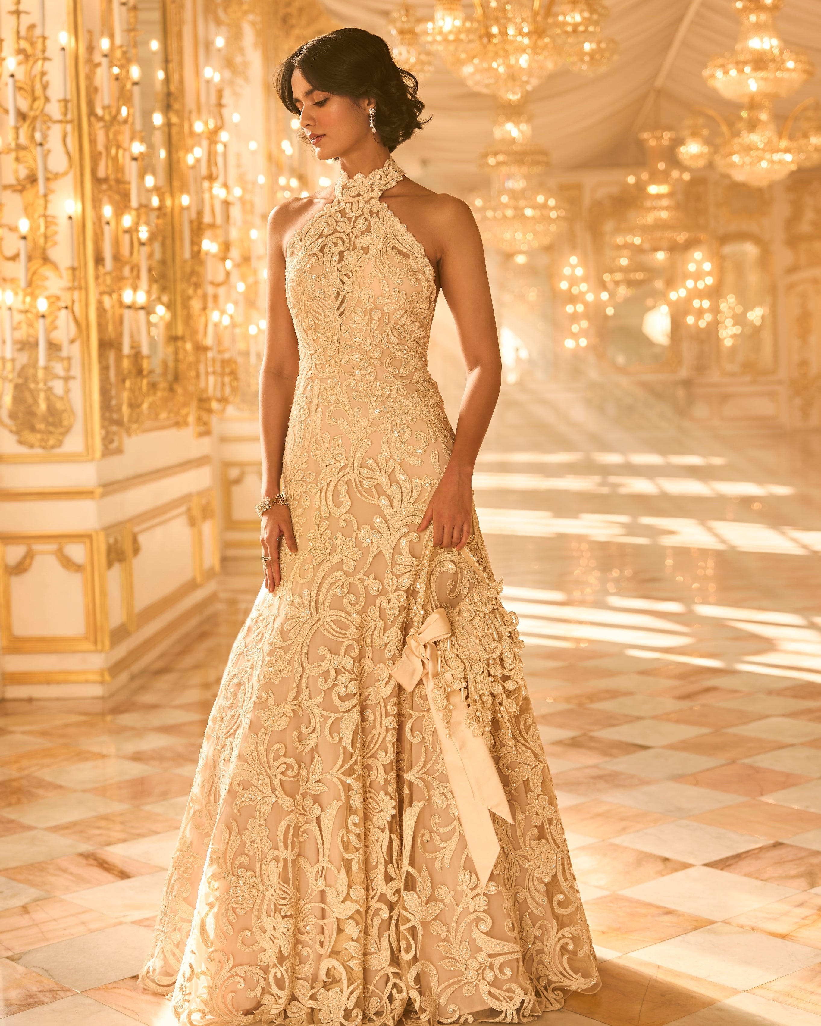 Nude Halter Neck Gown By KYNAH, Luxury Indian Fashion & Bridal Wear