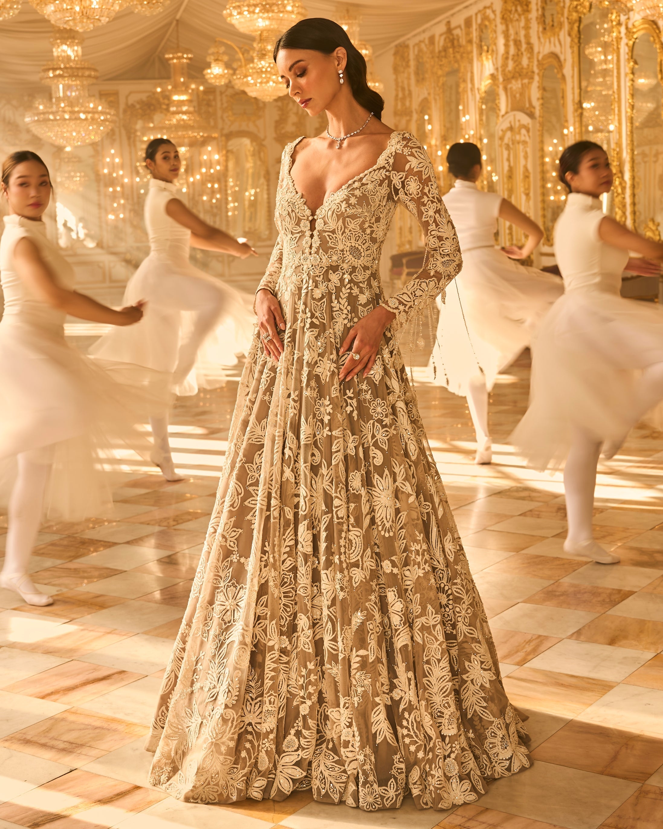 Slate Grey Floral Gown By KYNAH, Luxury Indian Fashion & Bridal Wear
