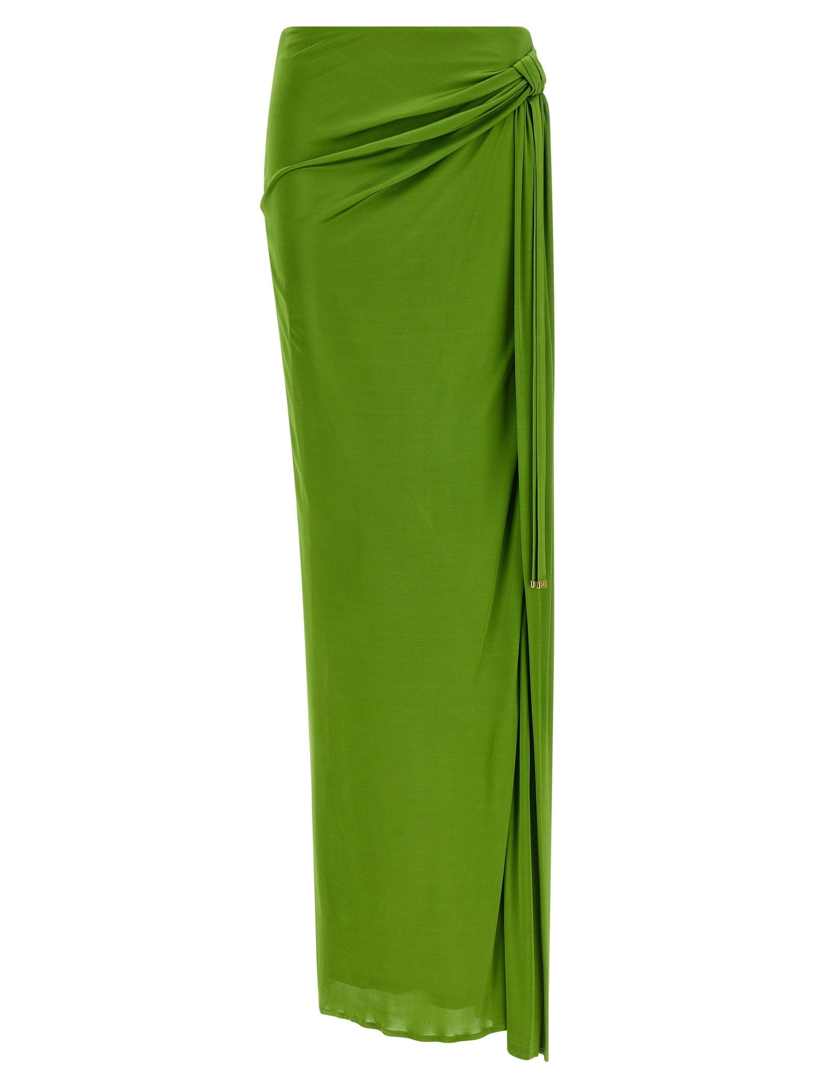 Elisabetta Franchi Shiny Viscose with Front Knot Detail Skirt — Green