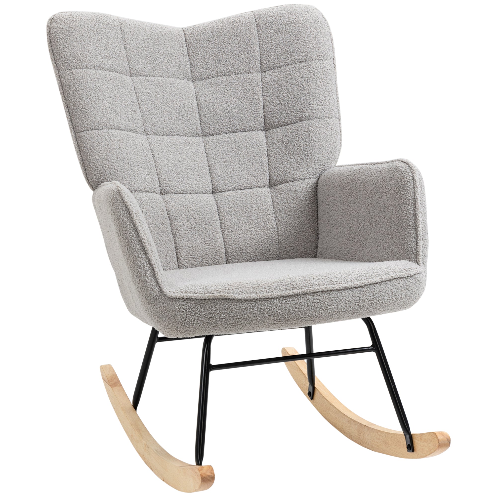 Wingback Rocking Chair for Nursing, Berber Fleece Modern Armchair for Living Room, Light Grey