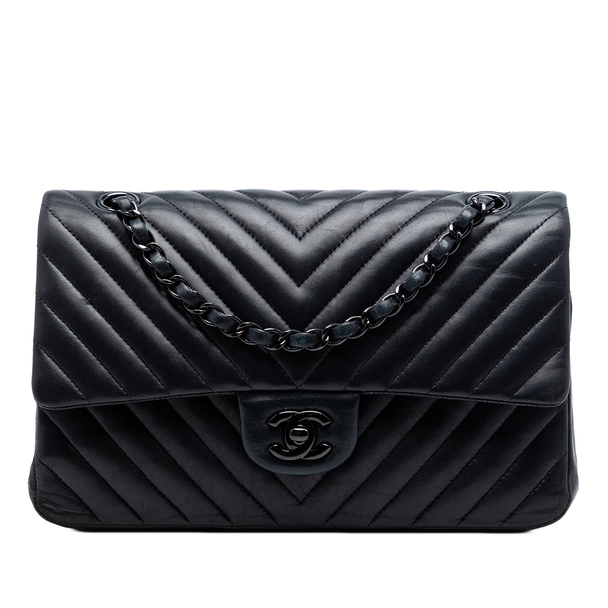 Medium Classic Chevron Lambskin So Black Double Flap